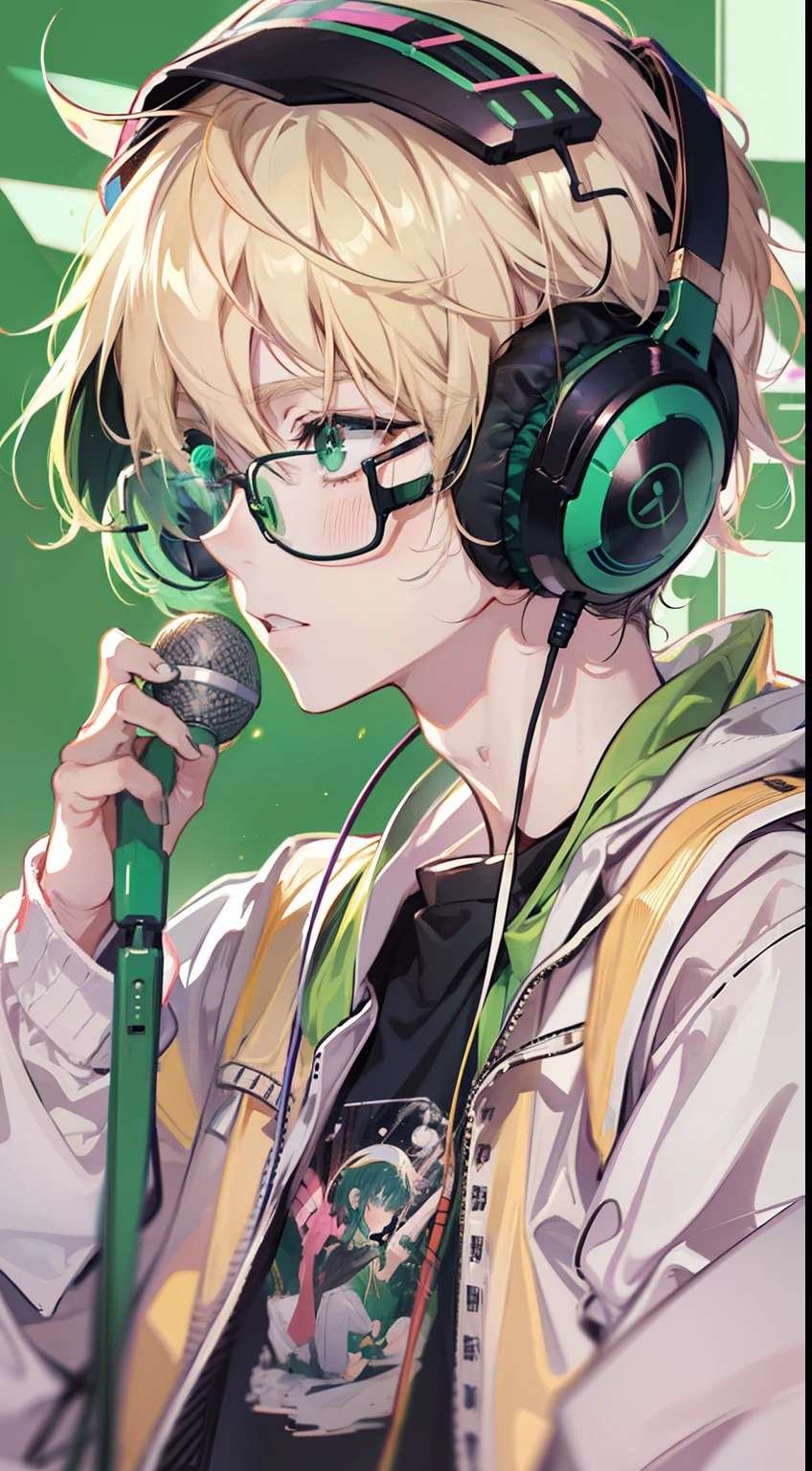 anime 2d boy, gamer, headphone, dark green palette, neon, simple bg, microphones, headphones, streamer, handsome, casual, night, cool, blonde, glasses,