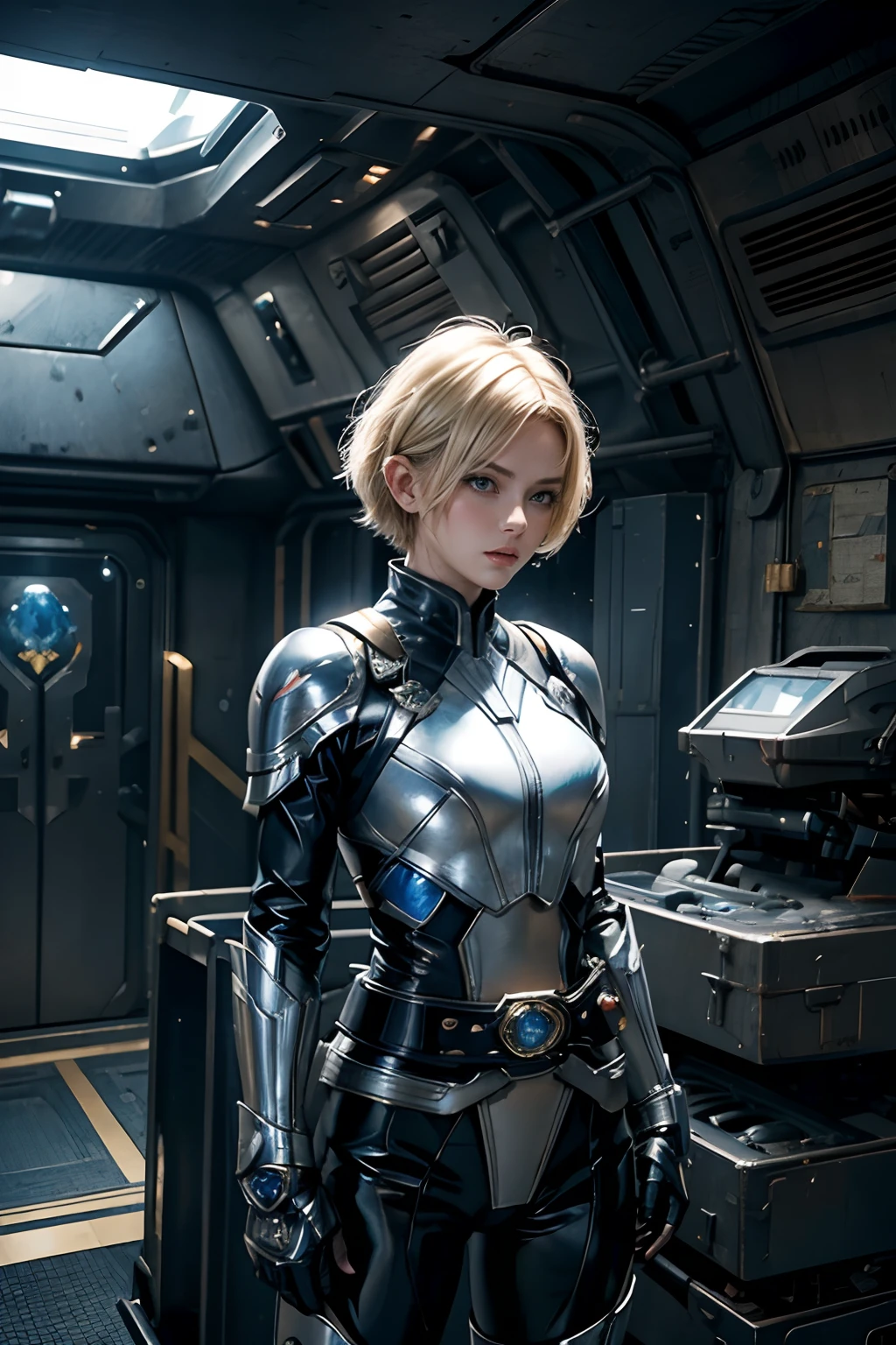 A beautiful woman. Blonde hair and blue eyes. Short hair. He wears silver metallic combat clothing. There is something on his waist that is reminiscent of Kamen Rider's transformation belt. The inside of a spaceship on the background of a woman. 8K quality. A masterpiece.