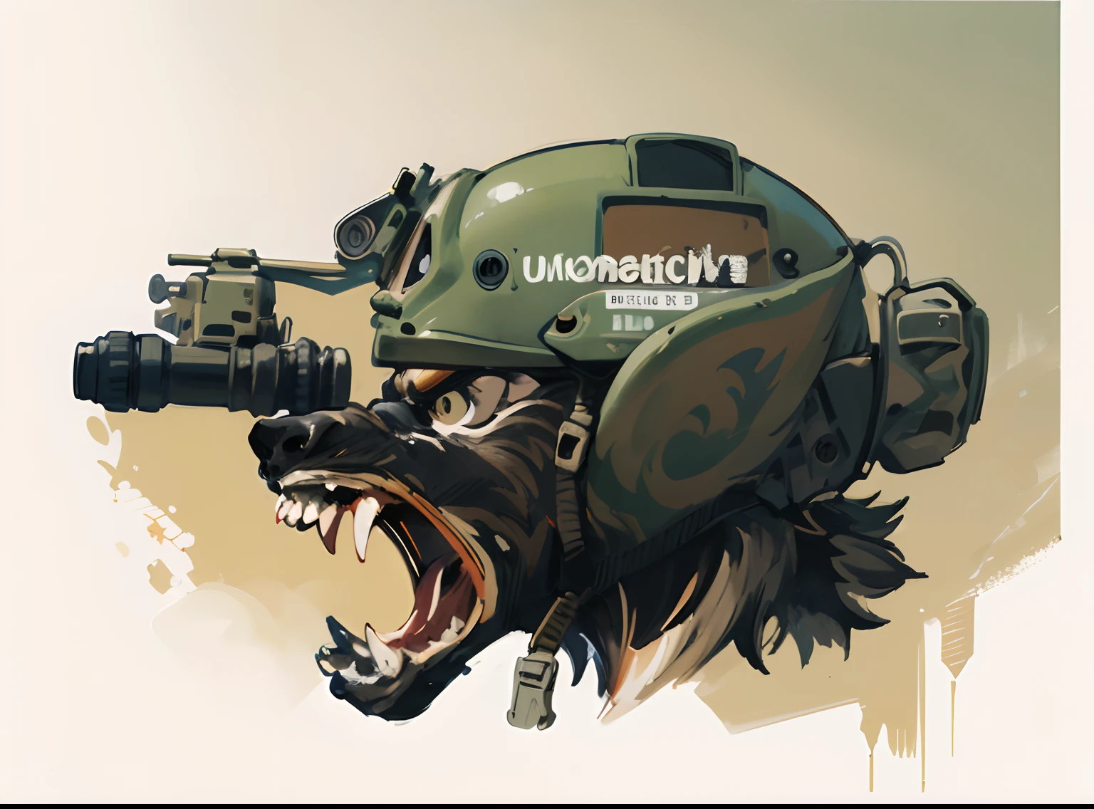 um desenho de um macaco com uma arma e capacete, arte militar, Design militar, tinta preta & copic markers, metal gear solid art style, ✏️🎨, impressionante estilo de arte detalhado, Militarista!!!, inspirado em Carl Gustaf Pilo, full-colour illustration, High detail illustration, extremely high quality artwork, Directed by: Julian Fałat, desenho colorido, logo tipo, logo, airsoft, military, militar