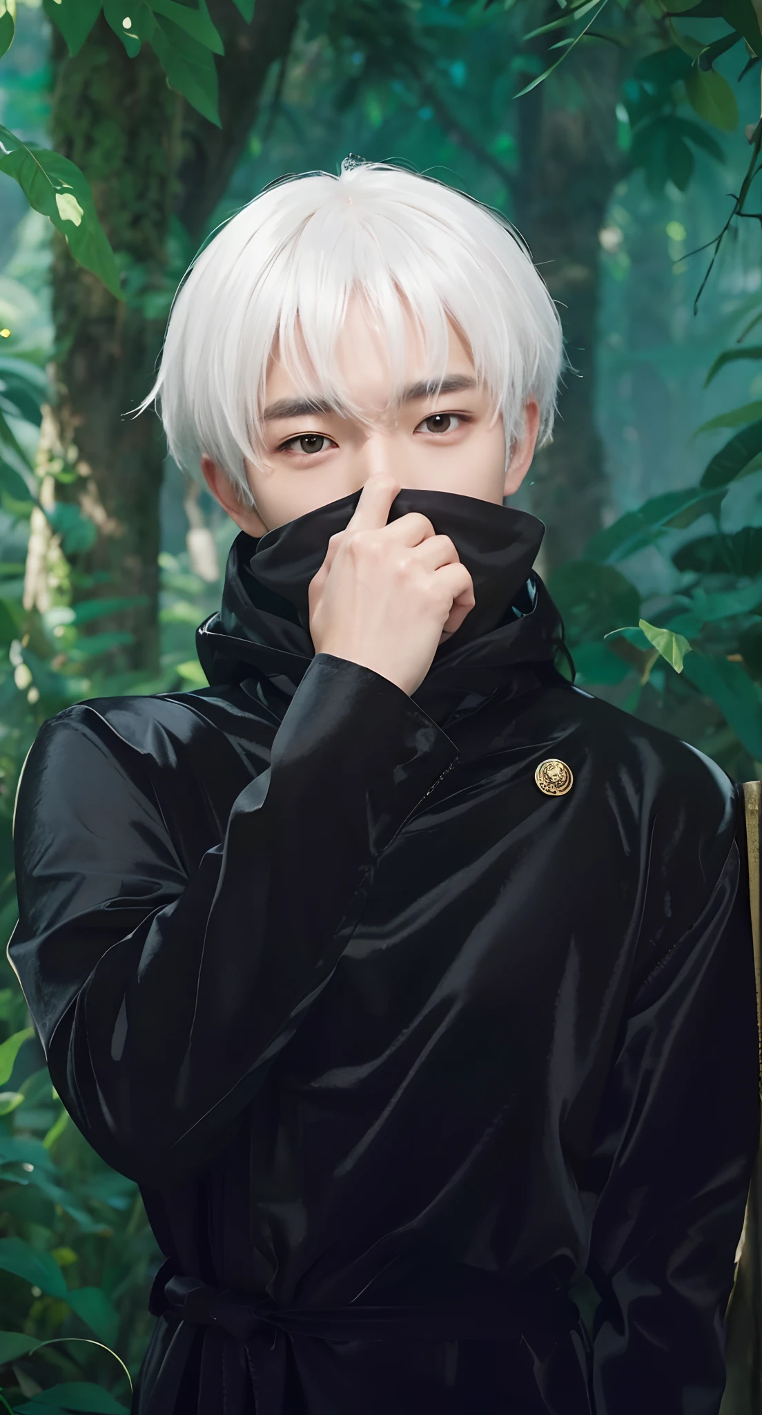 Real life adaption of this character, Korean handsome face,looking to side,realistic same white hair ,realistic jungle with many grass background, hyper realistic, realistic light, realistic shadow, realism,(photorealistic:1.2), (realistic same outfit),The same realistic robe is made of thick cloth and has buttons on the chest and has a collar