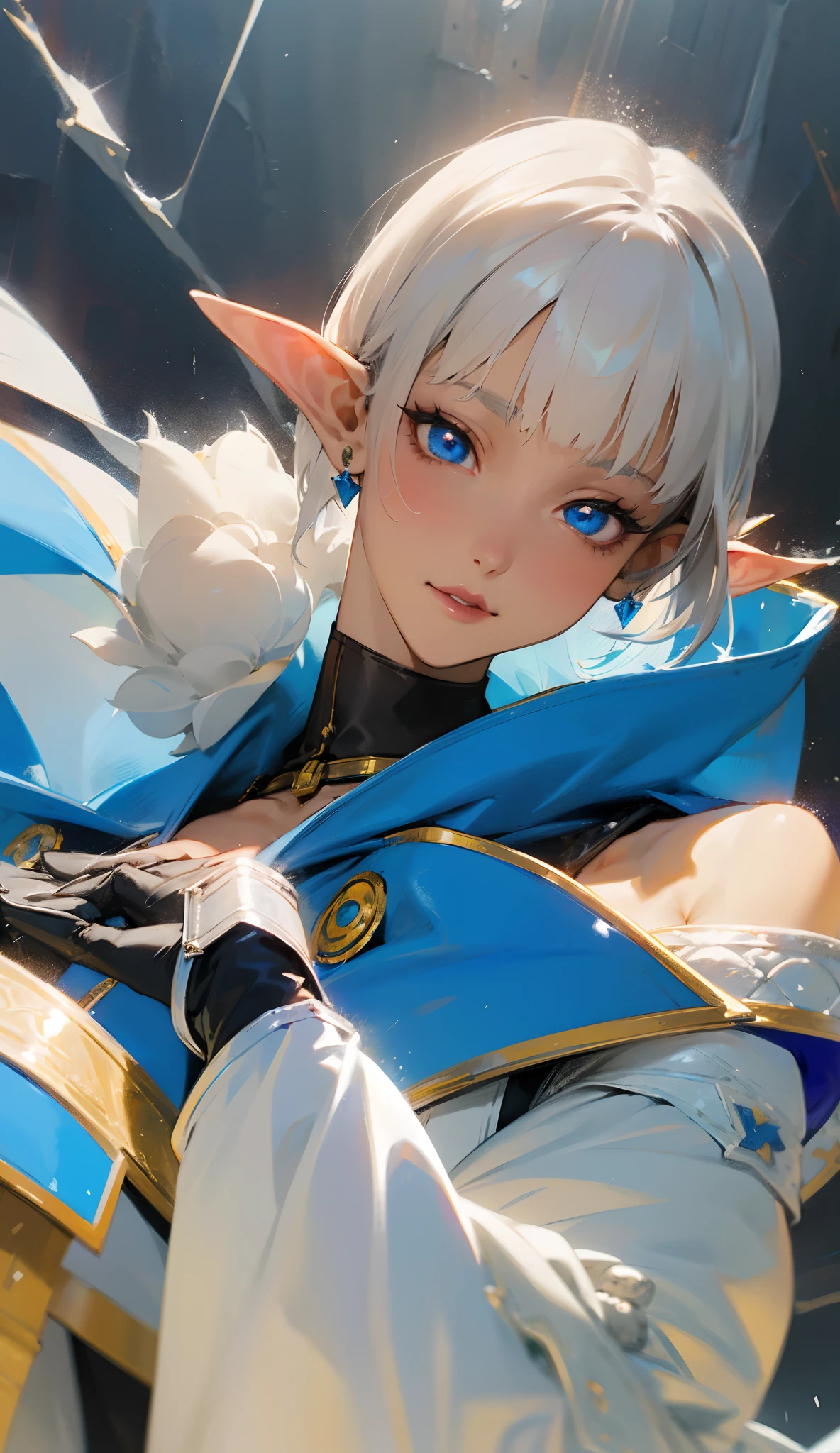 elf woman, 1girl, ((rock jacket)), black clothing, White Cloak, royal blue tunic over plate armor, white hair, asymmetrical bangs, short hair, detailed eyes, beautiful, hyperdetailed face, witch symbols,insanley detailed face and eyes, Perfect lips, earring, glowing, choker,dress,detached sleeves,full body, rain, gloves, fantasy art, illustration, masterpiece, digital art, drawing, bare shoulders, fantasy painting by Yusuke Murata