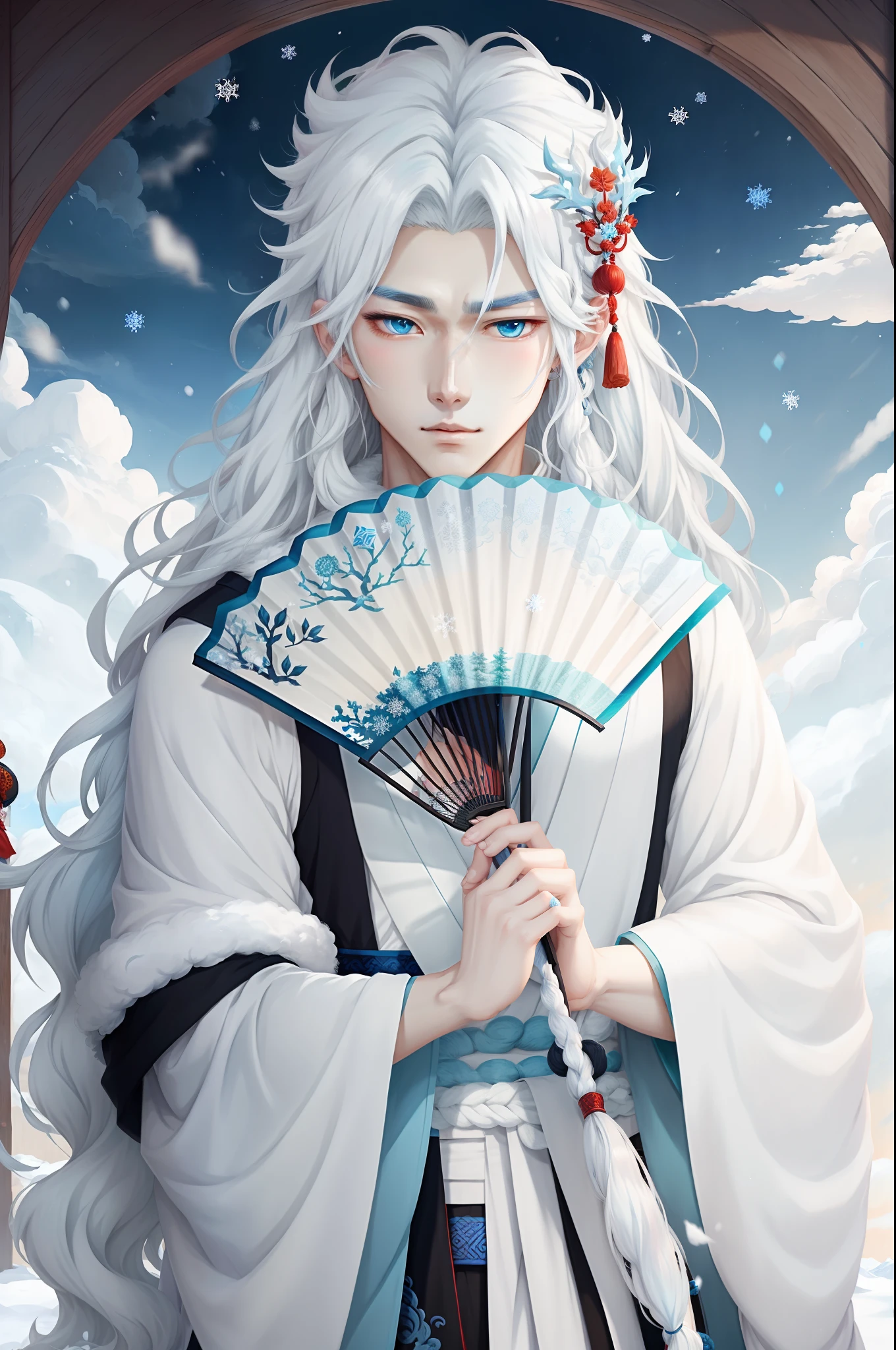 anime boy with long white hair and blue eyes holding a fan, white haired deity, heise jinyao, with long white hair, inspired by Guan Daosheng, inspired by Bian Shoumin, Middle metaverse, inspired by Ma Yuanyu, with white long hair, god of winter, cloud-like white hair, white-haired