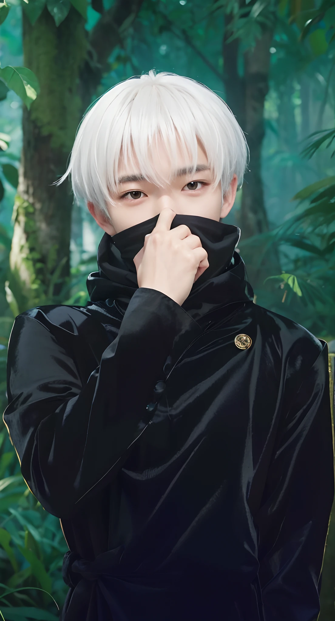 Real life adaption of this character, Korean teen handsome face,looking to side,realistic same white hair ,realistic jungle with many grass background, hyper realistic, realistic light, realistic shadow, realism,(photorealistic:1.2), (realistic same outfit),The same realistic robe is made of thick cloth and has buttons on the chest and has a collar