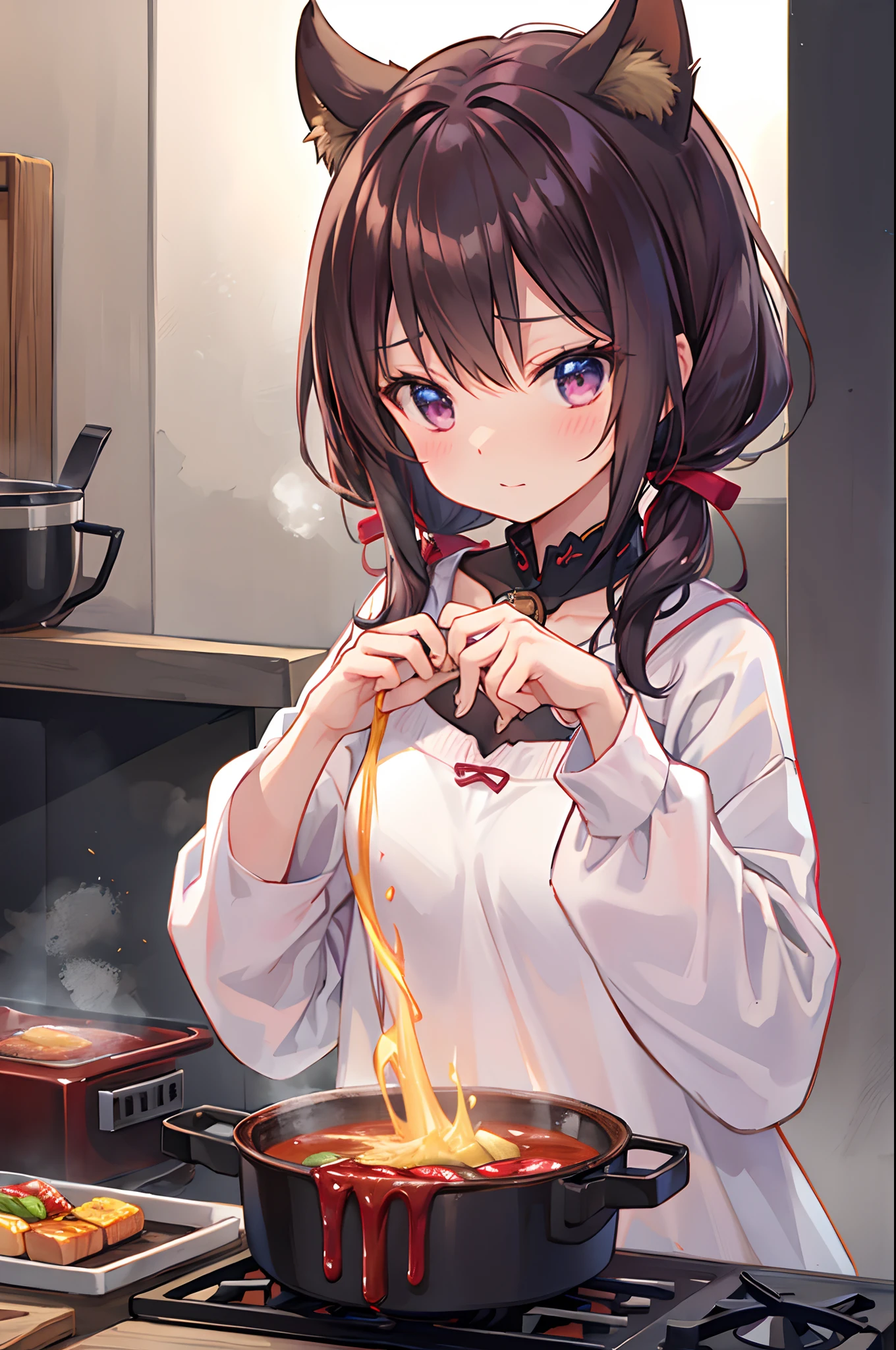 masterpiece, yor, 1girl, Bust A Cup, Amazing Cleavage:1.0, thin waist, big ass, Raised sexy, small breast: 1.2 posed cleavage:1.2、solo, looking at viewer, open mouth, have a cute grass of cute beergrass,black hair, red eyes, dress, bare shoulders, jewelry, collarbone, sidelocks, hairband, earrings, indoors, off shoulder, :o, sweater, arms behind back, plant, short hair with long locks, white hairband, off-shoulder dress, sweater dress, off-shoulder sweater, red sweater, big side hair, very long side hair,is rendered in (masterpiece: 1.2, best quality), with (ultra high resolution) and an exquisite (depth of field). This masterpiece is not only visually stunning but also tells,A scene of cooking in the kitchen