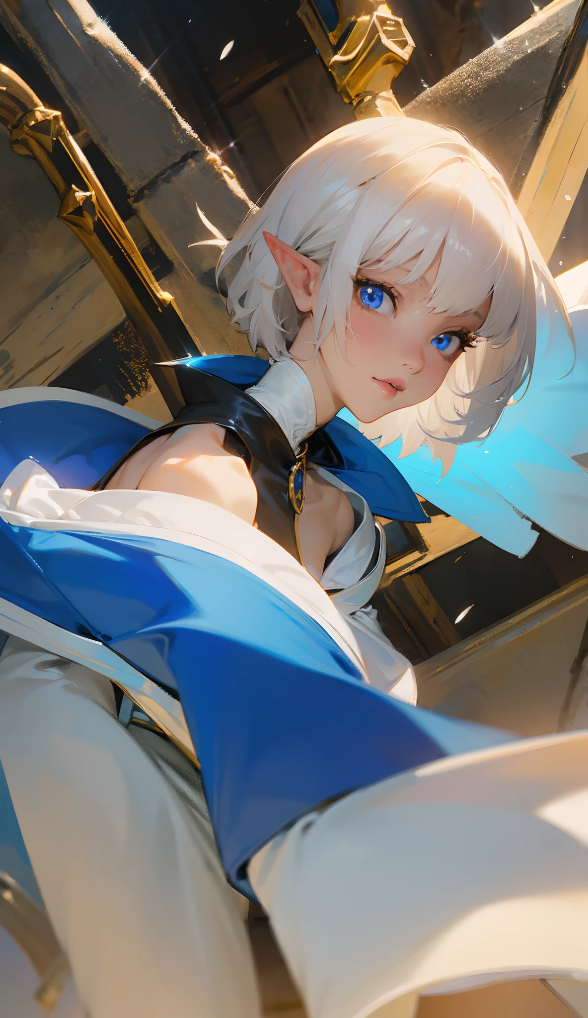 elf woman, 1girl, ((rock jacket)), black clothing, White Cloak, royal blue tunic over plate armor, white hair, asymmetrical bangs, short hair, detailed eyes, beautiful, hyperdetailed face, witch symbols,insanley detailed face and eyes, Perfect lips, earring, glowing, choker,dress,detached sleeves,full body, rain, gloves, fantasy art, illustration, masterpiece, digital art, drawing, bare shoulders, fantasy painting by Yusuke Murata