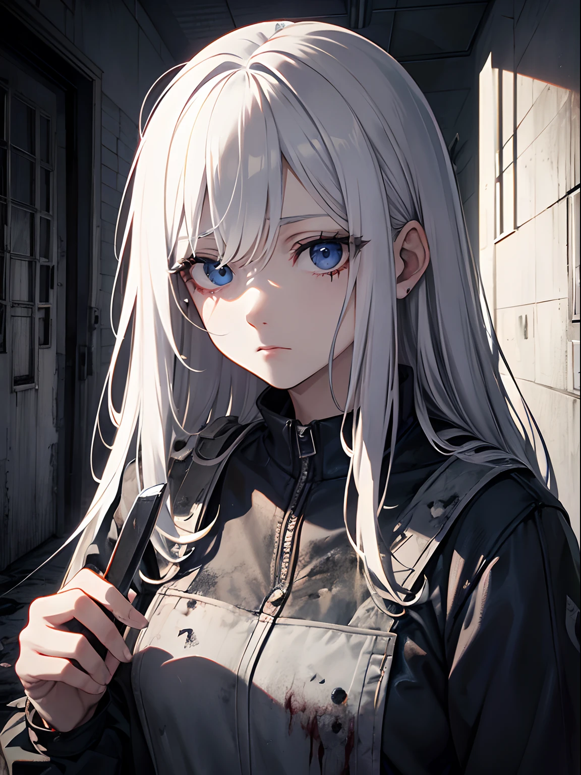 Close up, asylum, horror, creepy atmosphere, white walls, tiles, destroyed, trash, debris, hallway, adult woman, expressionless, dead eyes, unfeeling, blood splattered, dirty white hair, dark blue eyes, grey boiler jumpsuit, dirty clothes, holding knife, killer