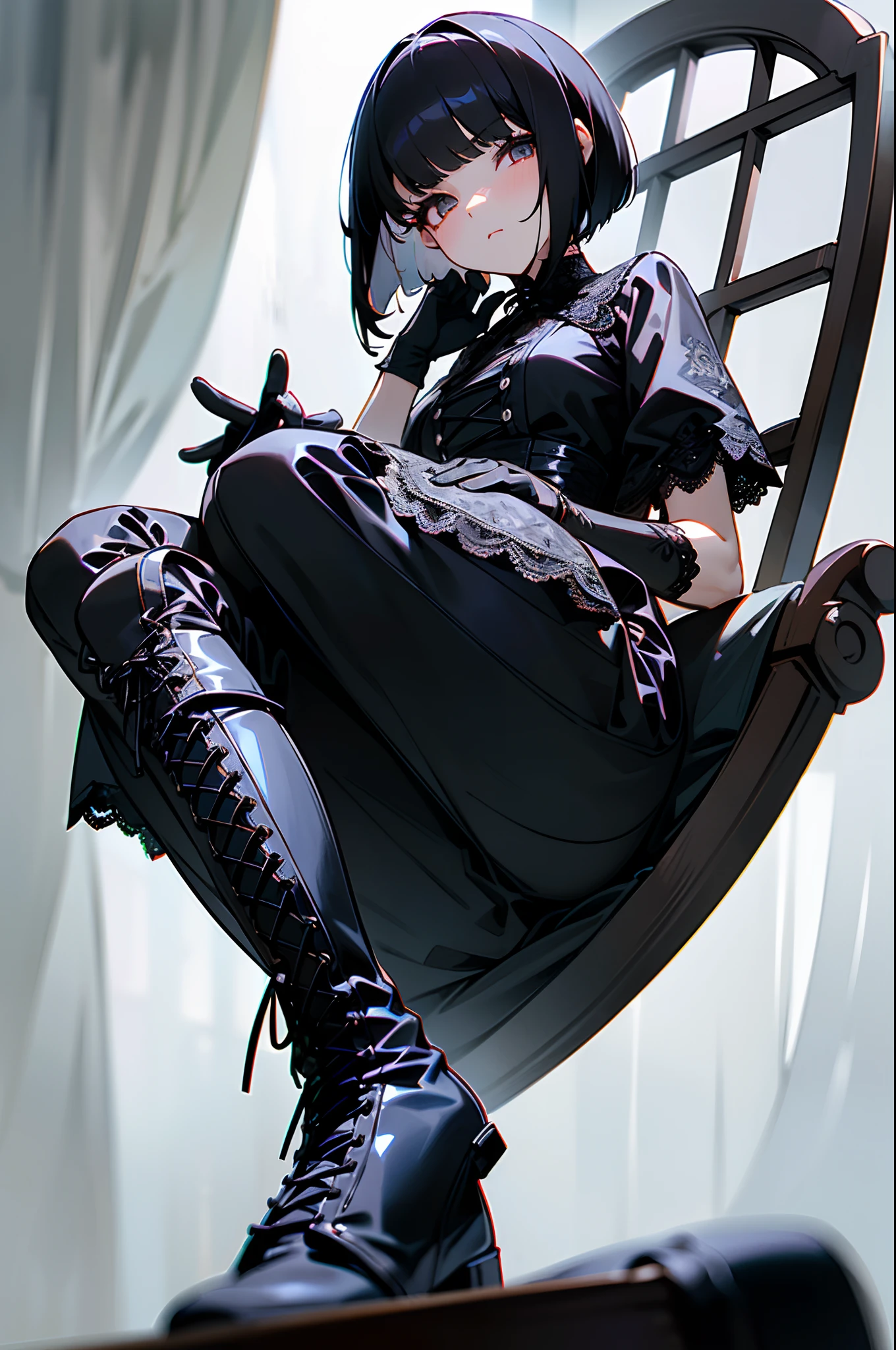 1 girl、A dark-haired、On-eyebrow bangs、bob cut  hair、(Sanpaku eyes:1.3)、Wearing a black dress in the Gothic style、(Wearing black latex gloves:1.3）、Sitting in a chair with your back straight、(Wearing white lace-up boots:1.3)、Condescending look、perfect anatomia、depth of fields、Spiritual silence、Transcendental tranquility、absurderes、nffsw、Super detailed illustration、extra detailed face、Raw photography、film grains、Deviantart Trends、a scene from a movie、natural soft light