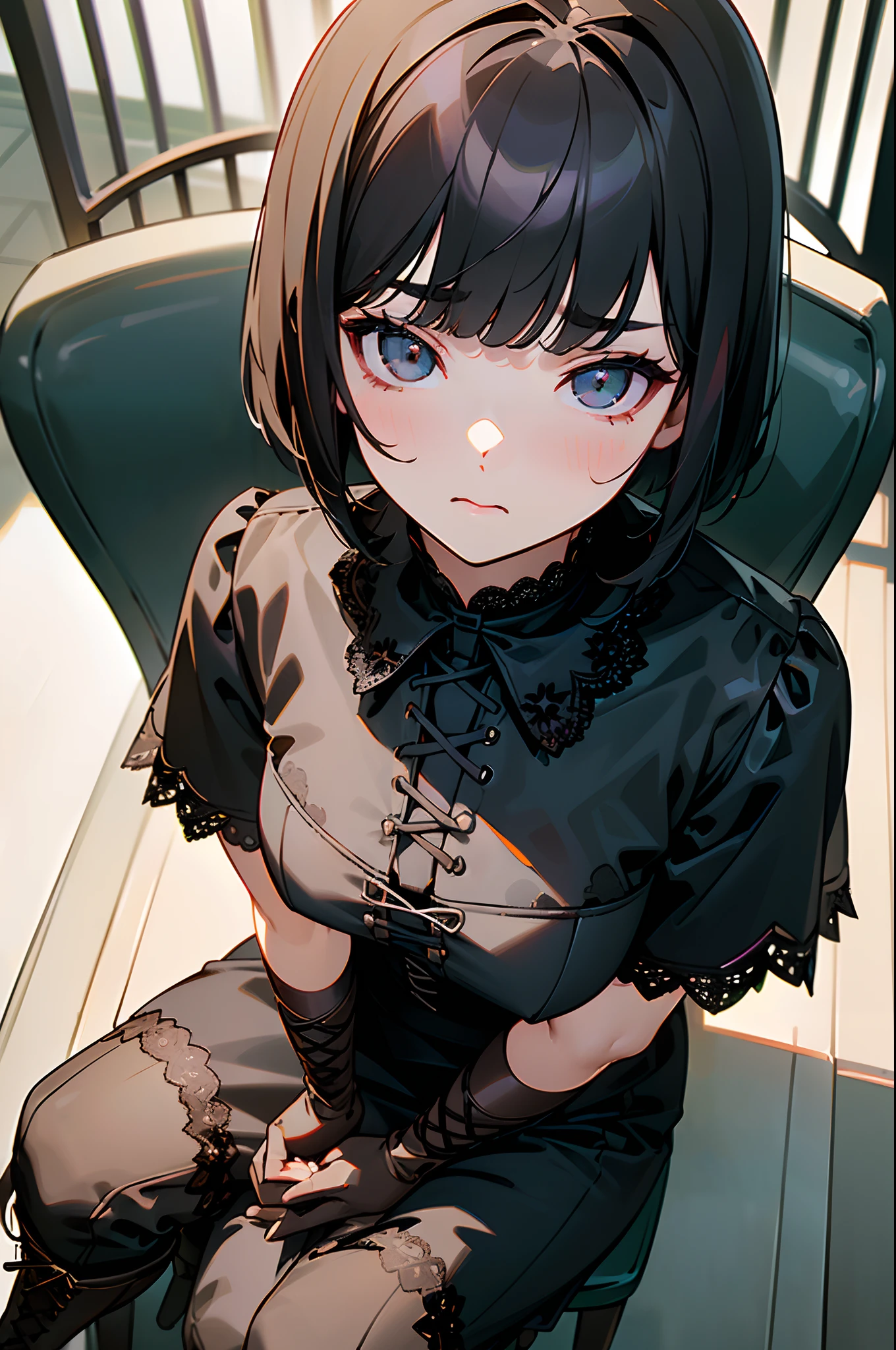 1 girl、A dark-haired、On-eyebrow bangs、bob cut hair、(Sanpaku eyes:1.3)、Wearing a black dress in the Gothic style、(Wearing black latex gloves:1.3)、Sitting in a chair with your back straight、(Wearing white lace-up boots:1.3)、Condescending look、perfect anatomia、depth of fields、Spiritual silence、Transcendental tranquility、absurderes、nffsw、Super detailed illustration、extra detailed face、Raw photography、film grains、Deviantart Trends、a scene from a movie、natural soft light