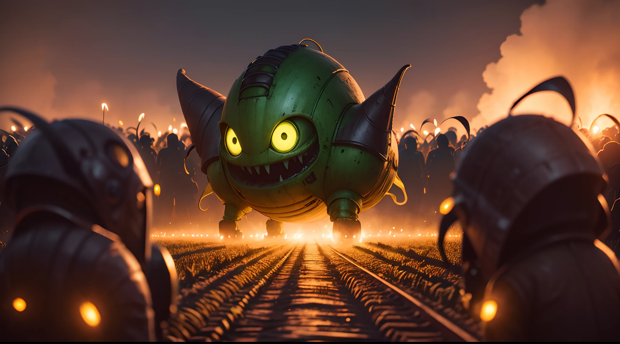 An alien with big eyes running among farmers with torches in hand, in the background a corn farm on a dark night,35mm lens, photography, ultra details, HDR, UHD,8