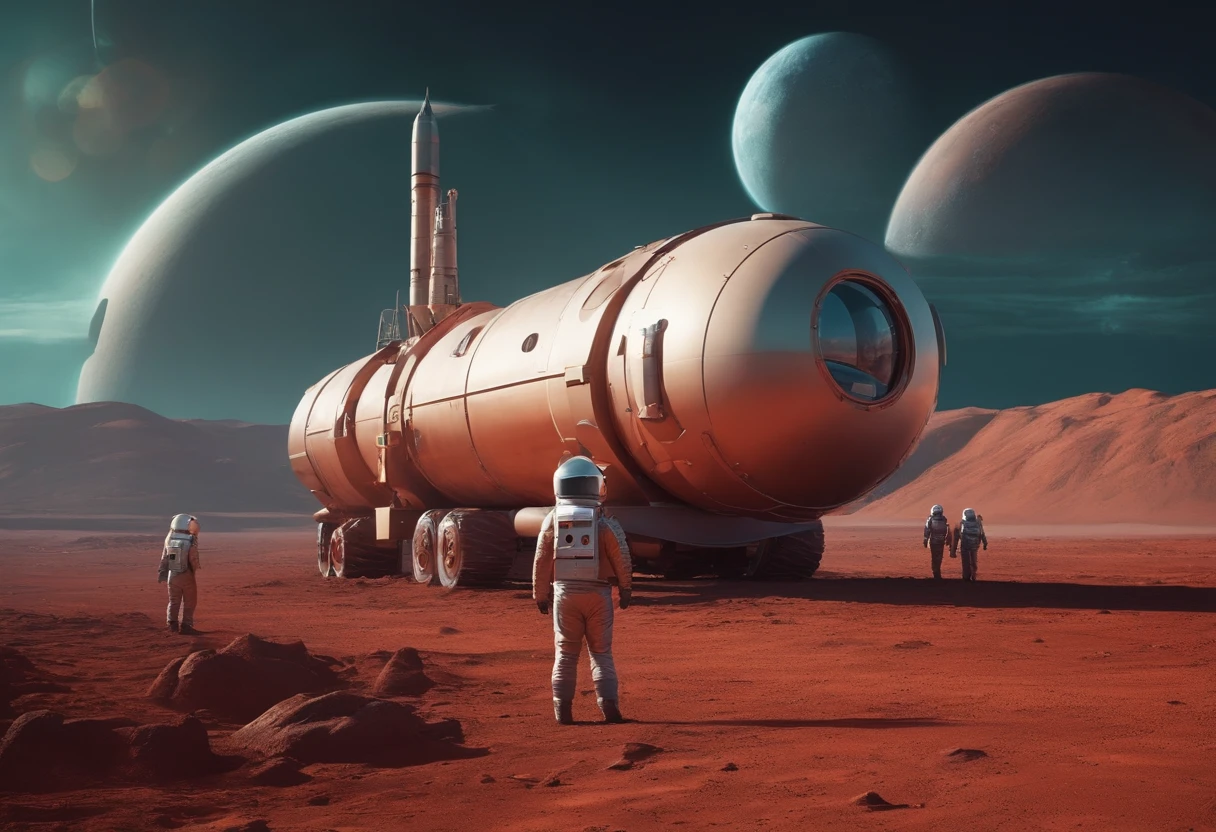 Soviet space mission on Mars, cosmonauts in the foreground and a rocket base in the aesthetic background of the 90s