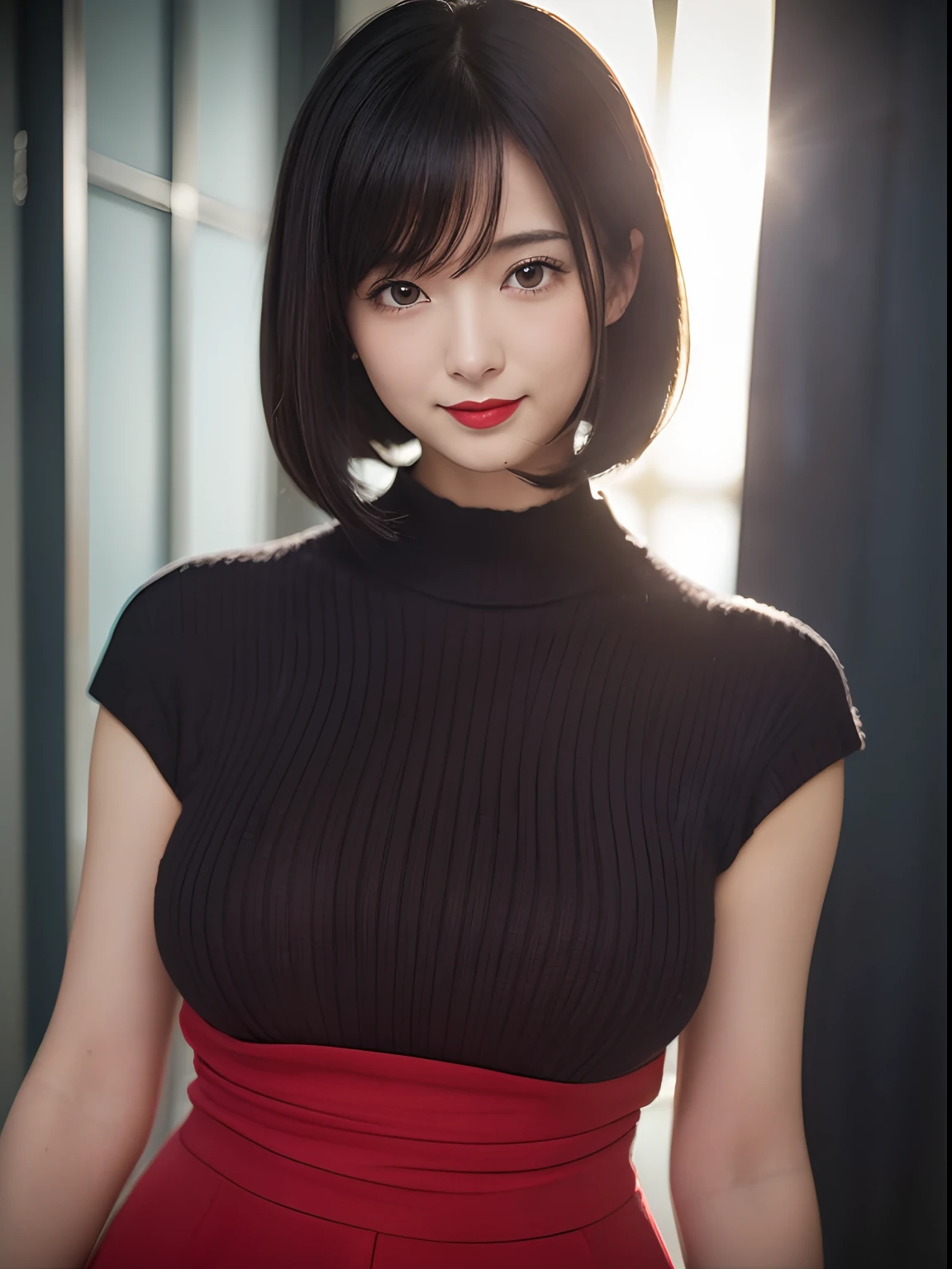 Highest quality, masterpiece, Ultra-high resolution, (Realistic:1.4), Beautiful woman, ((Big Breasts:1.3)), (((Short Bob))), (((Brown ash))), Beautiful Skin, Fine skin, 魅惑的なsmile, Background blur, smile, Hair over the ears, beautiful girl, Fair skin, Voluptuous, Plump body, (((Red sleeveless))), (Tight clothing、Accentuates body lines:1.5)