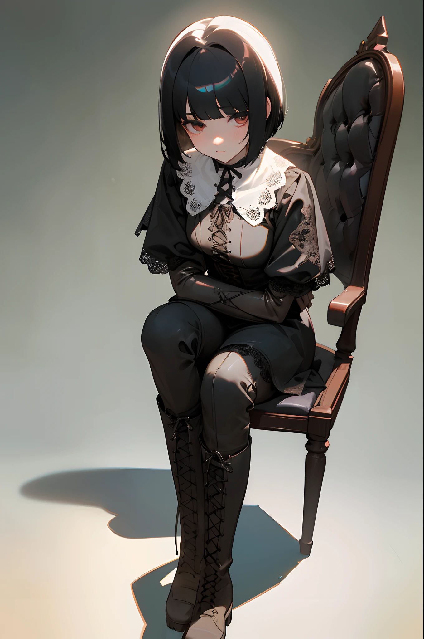1 girl、A dark-haired、On-eyebrow bangs、bob cut  hair、(Sanpaku eyes:1.3)、Wearing a black dress in the Gothic style、(Wearing black latex gloves:1.3）、Sitting in a chair with your back straight、(Wearing white lace-up boots:1.3)、Condescending look、perfect anatomia、depth of fields、Spiritual silence、Transcendental tranquility、absurderes、nffsw、Super detailed illustration、extra detailed face、Raw photography、film grains、Deviantart Trends、a scene from a movie、natural soft light