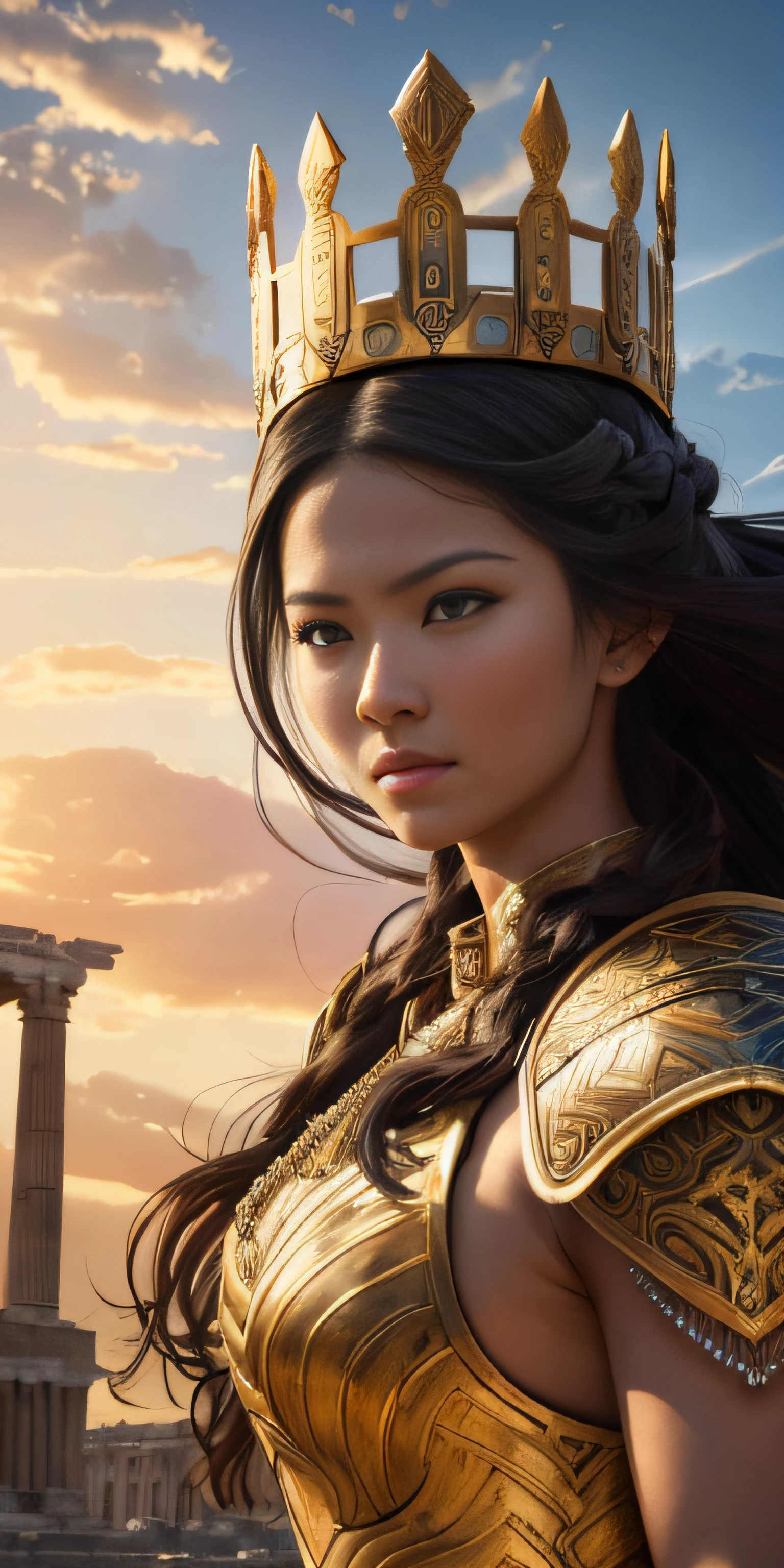 (best quality,4k,8k,highres,masterpiece:1.2),ultra-detailed,(realistic,photorealistic,photo-realistic:1.37),Asian girl in gladiator armor,warrior princess,exotic beauty,sharp focus,sleek armor,embellished armor,historical setting,vibrant colors,dramatic lighting,action-packed scene,fierce pose,confident gaze,intense atmosphere,epic battle,ancient Rome-inspired,gritty texture,dynamic composition,attention to facial details,intricate armor engravings,flowing hair,exquisite makeup,regal crown,impressive weapon,authentic background,dusty arena,stone pillars,imposing architecture,emerging from clouds of dust,fearless expression,sword in hand,strong and powerful presence,artistic interpretation,symbol of strength and bravery,awe-inspiring,heroic stature,monumental moment. --auto