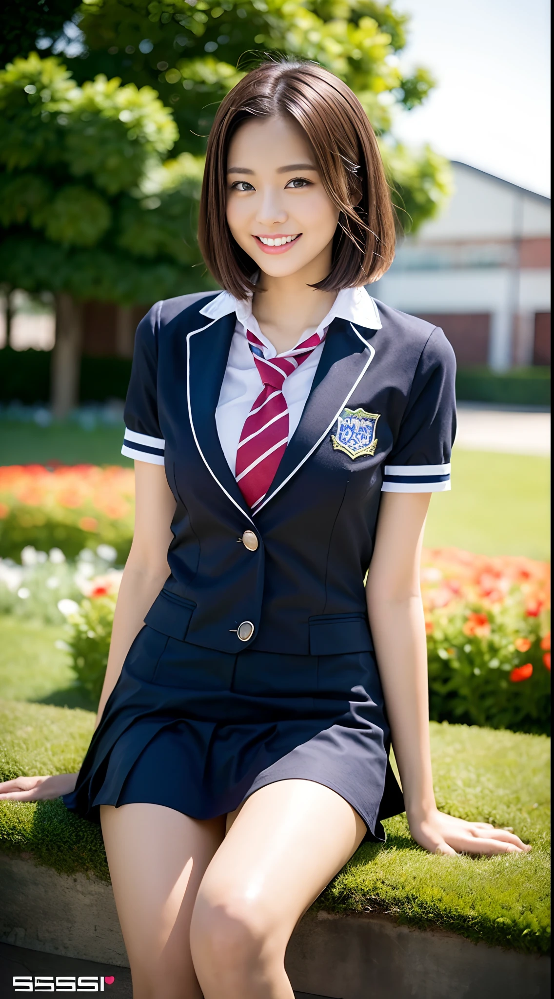 (((full bodyesbian)))、((Girls' High School Uniforms))、((1a person))、short-hair、Close to the subject、((a miniskirt))、(((School flower beds)))、(((ssmile)))、(((Girls' High School)))、((a beauty girl))、((sexy pose))、Photorealsitic、Beautiful detailed eyes、Hyper-Realism、highcontrast、Ultra HD、realistic skin textures、Top image quality、top-quality、超A high resolution、Fine details、Very meticulously