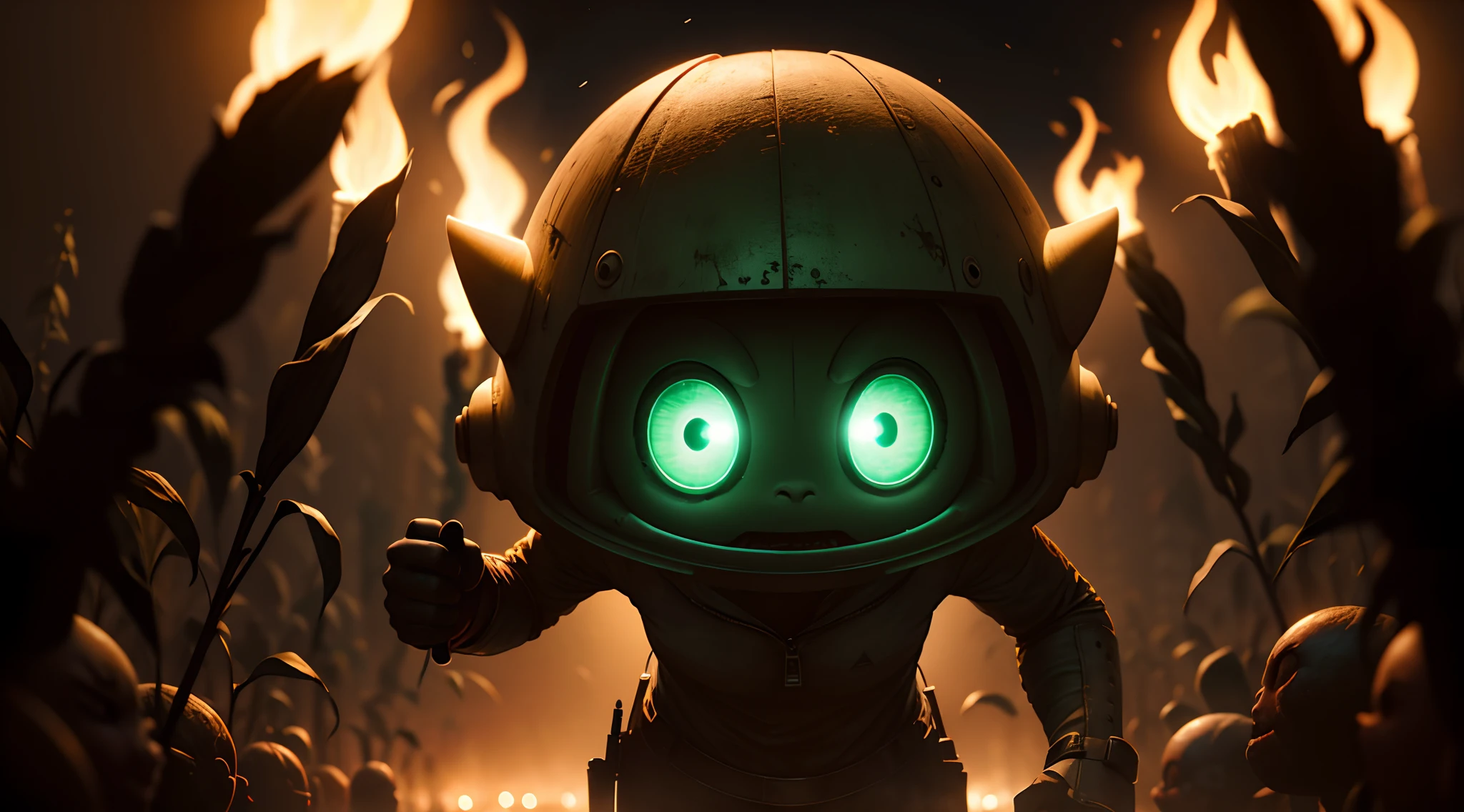 An alien with big eyes running among farmers with torches in hand, in the background a corn farm on a dark night,35mm lens, photography, ultra details, HDR, UHD,8