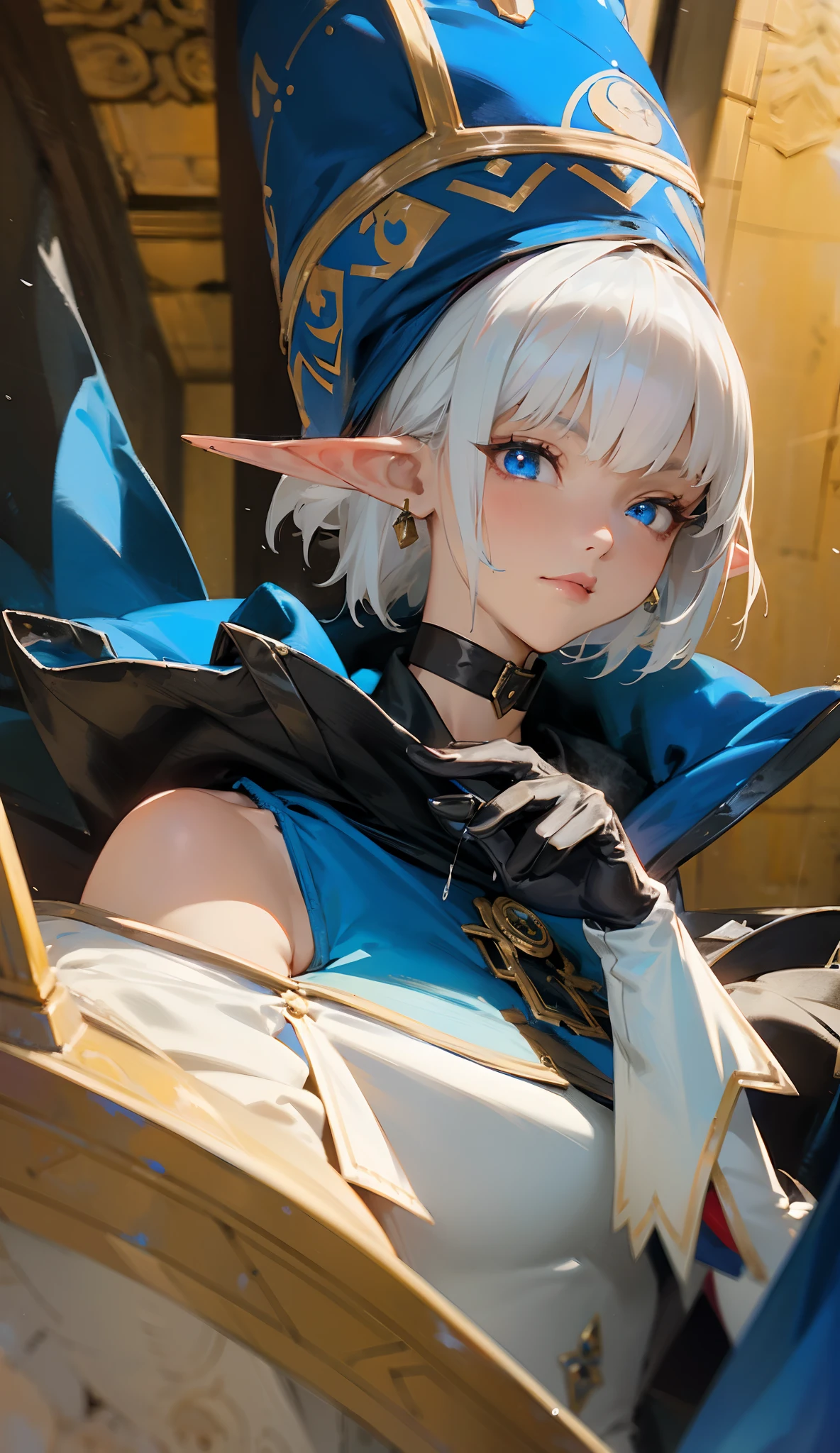 elf woman, 1girl, ((rock jacket)), black clothing, with black Cloak, royal blue tunic over plate armor, white hair, asymmetrical bangs, short hair, detailed eyes, beautiful, hyperdetailed face, witch symbols,insanley detailed face and eyes, Perfect lips, earring, glowing, choker,dress,detached sleeves,full body, rain, gloves, fantasy art, illustration, masterpiece, digital art, drawing, bare shoulders, fantasy painting by Yusuke Murata