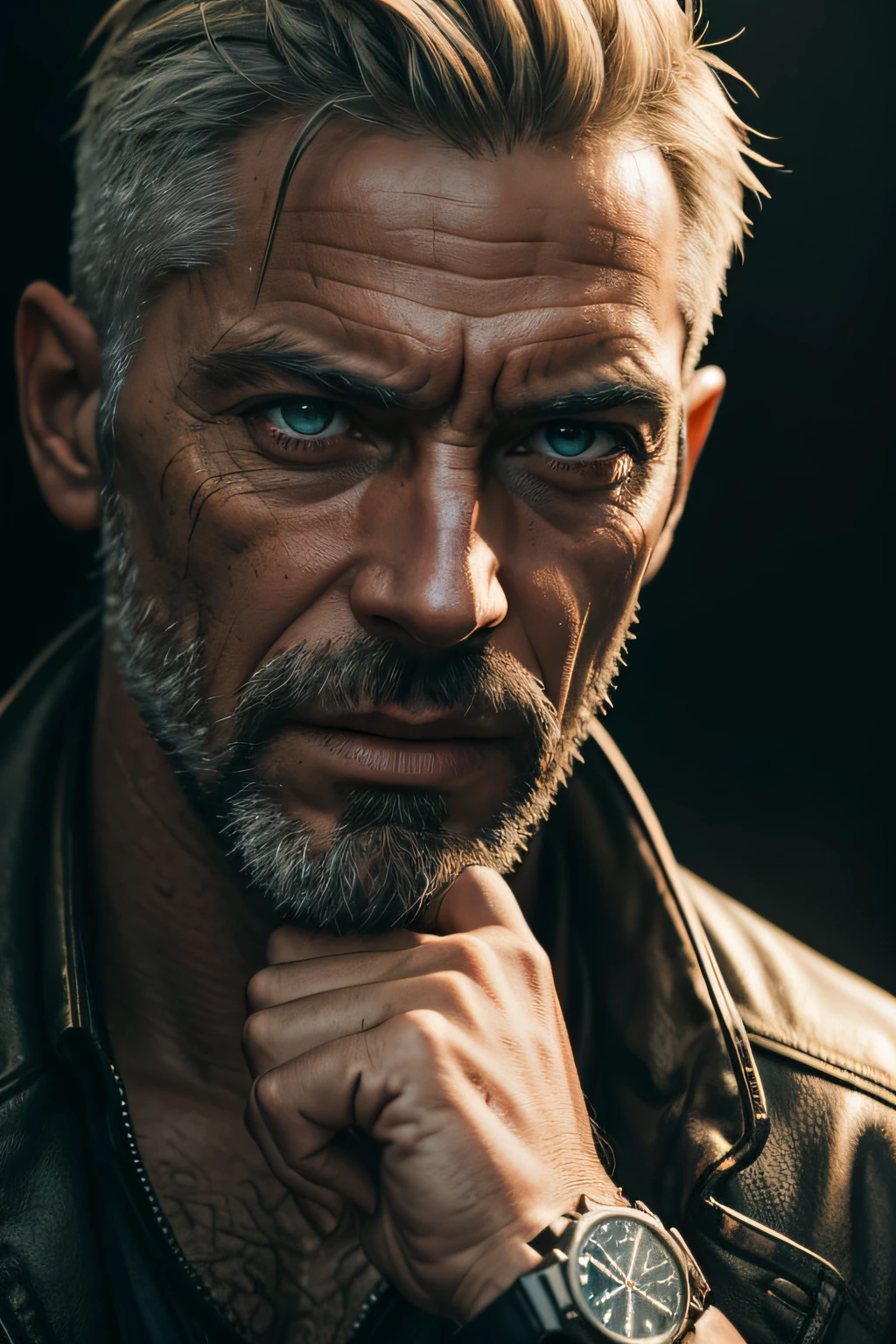 RAW photo, post-apocalyptic, close-up portrait photo of a man looking at his watch, amazed, with his mouth open (highly detailed skin: 1.2), 8k uhd, dslr, soft lighting, high quality, film grain, Fujifilm XT3