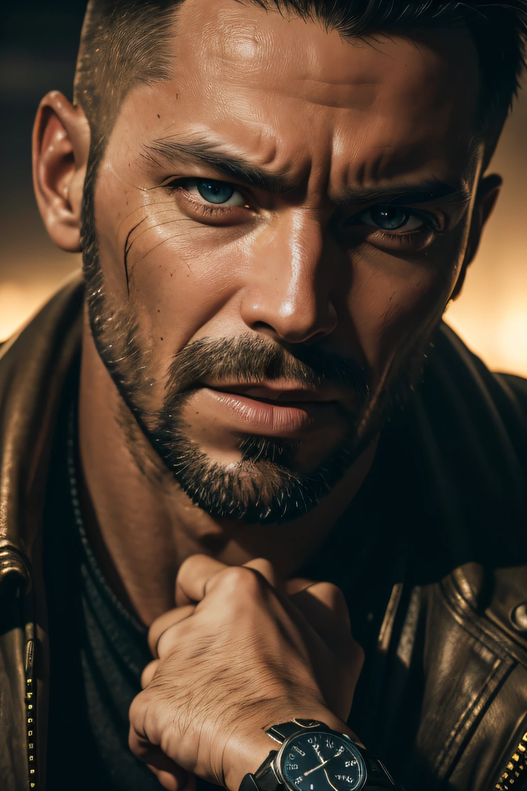 RAW photo, post-apocalyptic, close-up portrait photo of a man looking at his watch, amazed, with his mouth open (highly detailed skin: 1.2), 8k uhd, dslr, soft lighting, high quality, film grain, Fujifilm XT3