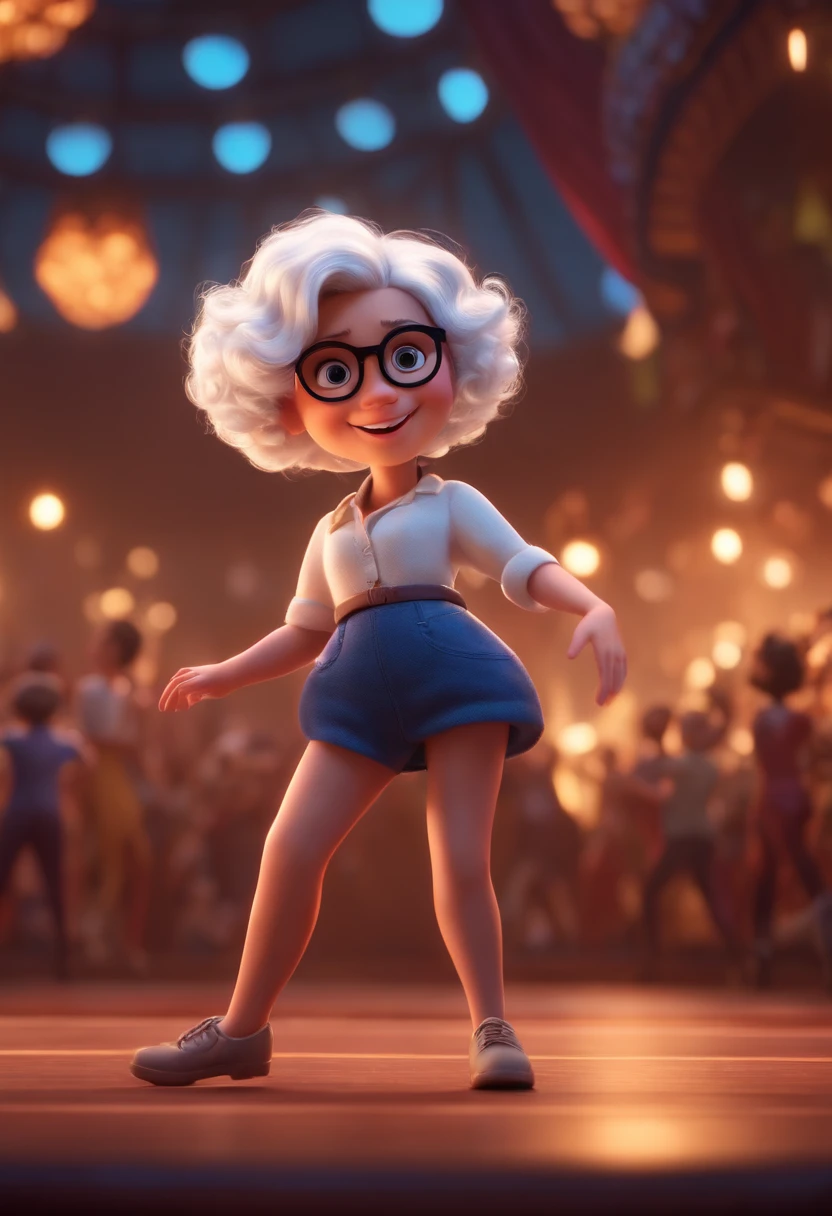 Magem Pixar Style with 3D Character Brunette Woman Glasses White Short Curly Hair Dancing on Disney Stage
