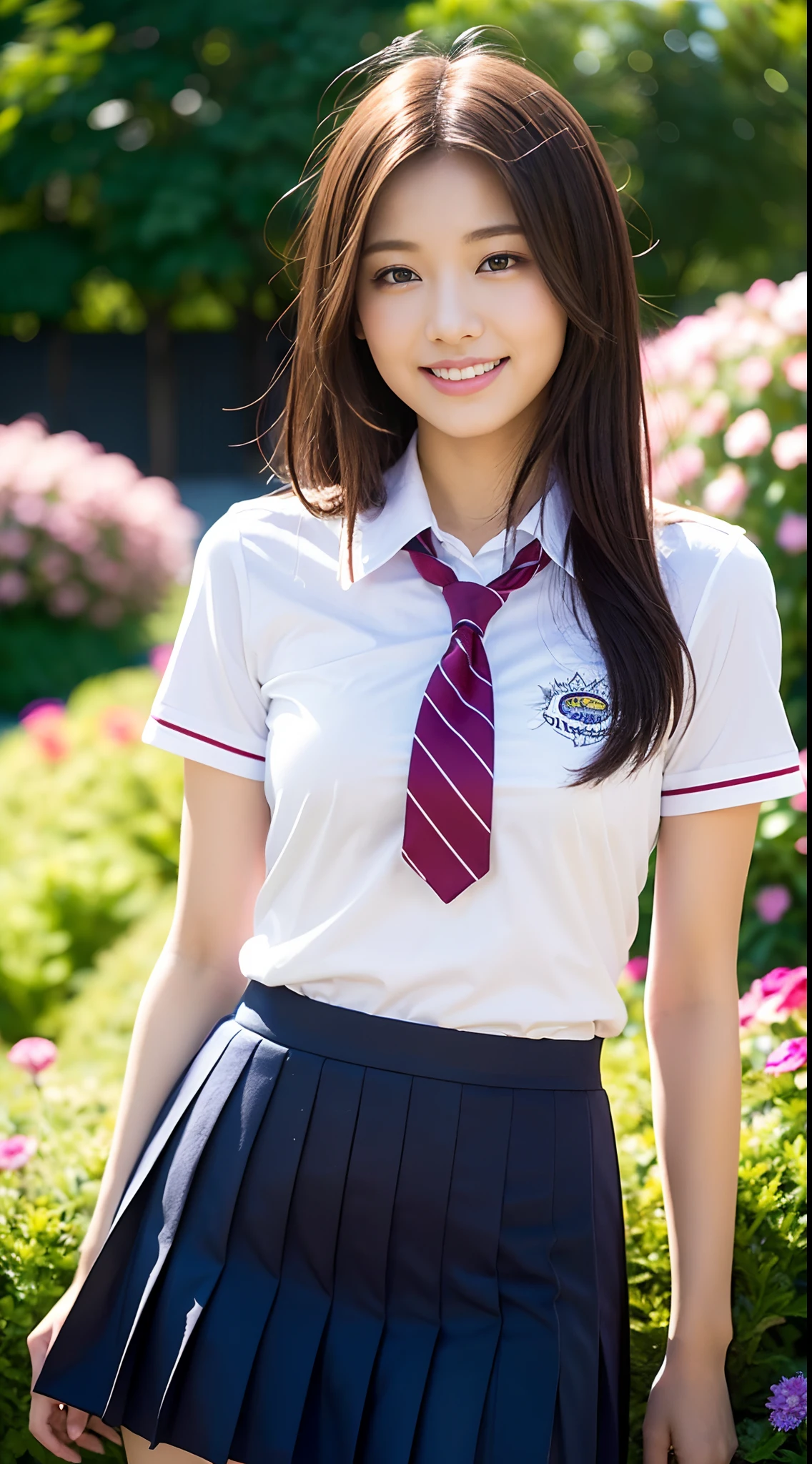 (1 girl), wonderful face and eyes, (big round eyes:1.15), (Highly detailed beautiful face), smile, (school uniform, pleated mini skirt:1.3), (school uniform with open breasts), (highest quality:1.4), (super detailed), (surreal, realistic:1.37), fair skin, Highly detailed CG integrated 8k wallpaper, RAW photo, professional photos, cinematic lighting, sitting, bench, spread your legs, (No panties:1.2), (cleft of venus:1.3), (Cherry Blossom), 