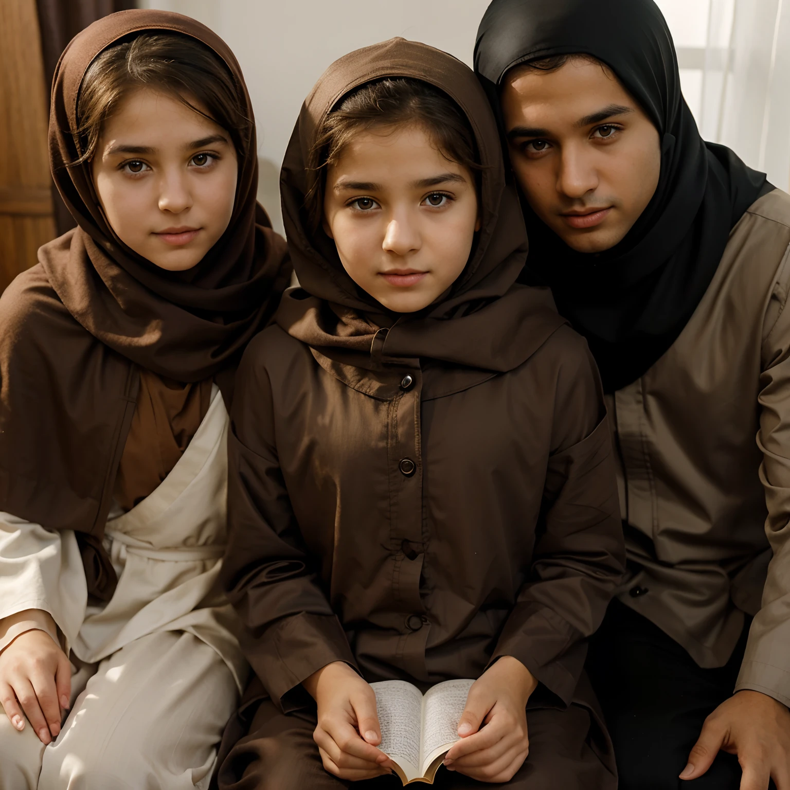 Two people, a girl with a headscarf and brown eyes, and a boy with brown hair and brown eyes, dressed in Islamic robes. Beide im Alter von 10 Jahren sitzen zusammen in der Klasse und lesen im Wuran Unterricht