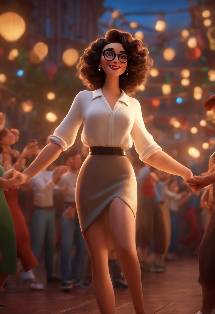 "(best quality,ultra-detailed,realistic:1.37),3D rendering,illustration,character design,short dark curly hair,beautiful detailed eyes,wearing white glasses,pixar style,morena woman,dancing on the Disney stage,lively atmosphere,vivid colors,stage lights,joyful expression"