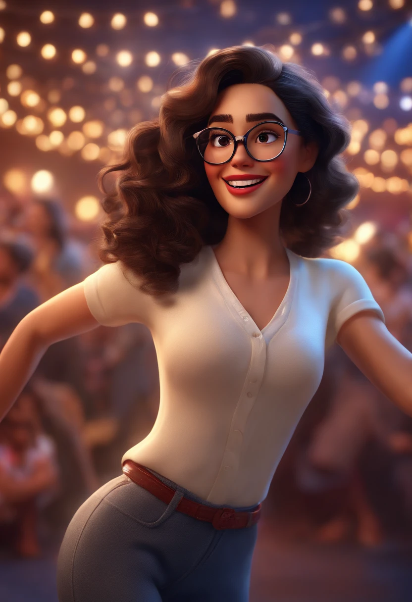 "(best quality,ultra-detailed,realistic:1.37),3D rendering,illustration,character design,short dark curly hair,beautiful detailed eyes,wearing white glasses,pixar style,morena woman,dancing on the Disney stage,lively atmosphere,vivid colors,stage lights,joyful expression"
