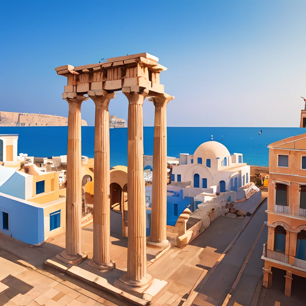greek architecture, roman architecture, alexandria city, columns, blue and orange sky, sea, statues, buildings, bird's eye view --auto --s2