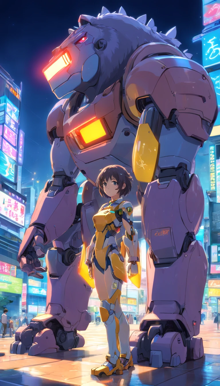 Robotic Gorilla, (Estilo mecha japones 80`s), (Toma de cuerpo completo) , 1 transparent child,Robot de comportamiento, Casco exquisito:1.2, Gafas luminosas:1.2, cyberpunk, dreamy glow, Neon lights, Limpio, fondo blanco, ( global ilumination, Trazado de rayos, HDR, Renderizado irreal,Reasonable design, Alto detalle, Obra maestra, La mejor calidad, hiper HD, cinematic lighting)