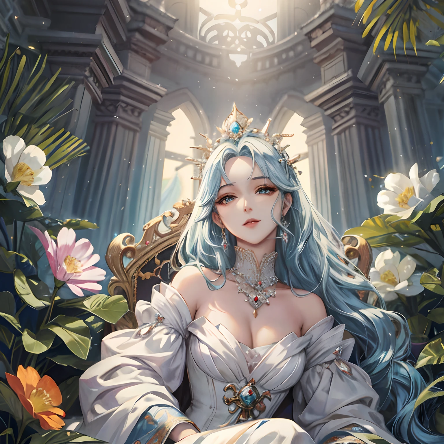 un primer plano de una mujer con cabello azul sentada en una silla, ((a beautiful empress of fantasy)), a beautiful empress of fantasy, Fantasy art style, Arte detallado de alta calidad 8K, anime fantasy illustration, Obras de arte al estilo de Guweiz, Guweiz en Pixiv Artstation, Guweiz en Artstation Pixiv, anime fantasy artwork