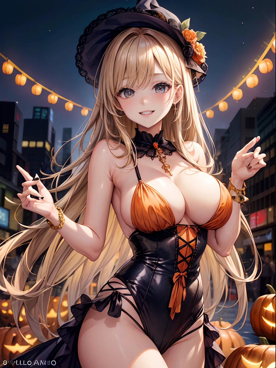 top-quality、Full limbs、complete fingers、One beautiful woman、Beautiful Large Breasts、blondehair、straight haired、Halloween Party、Woman in black and orange Halloween costume、A big smile、Shibuya