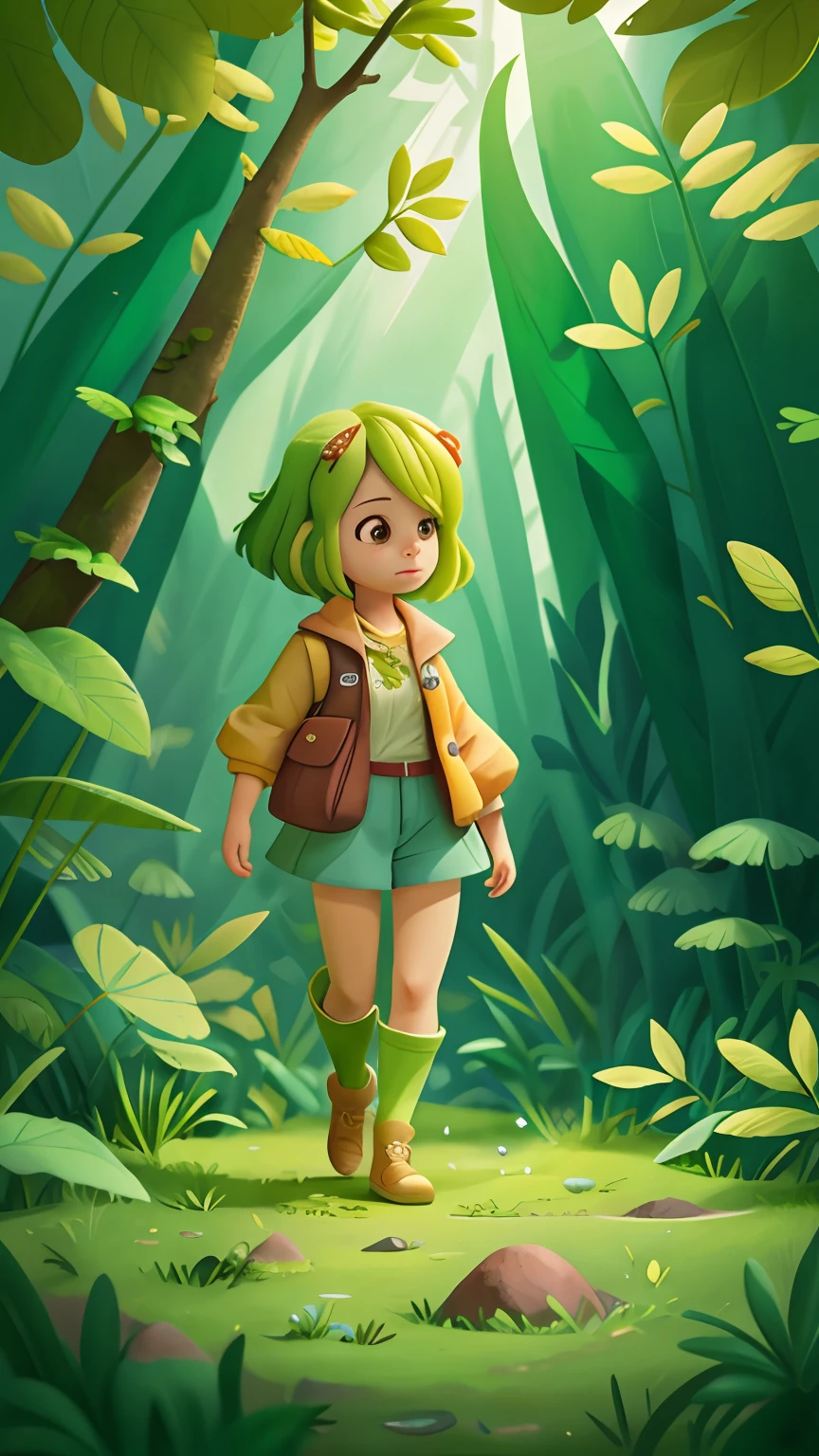 Female environment character surrounded by very real green representing a symbol