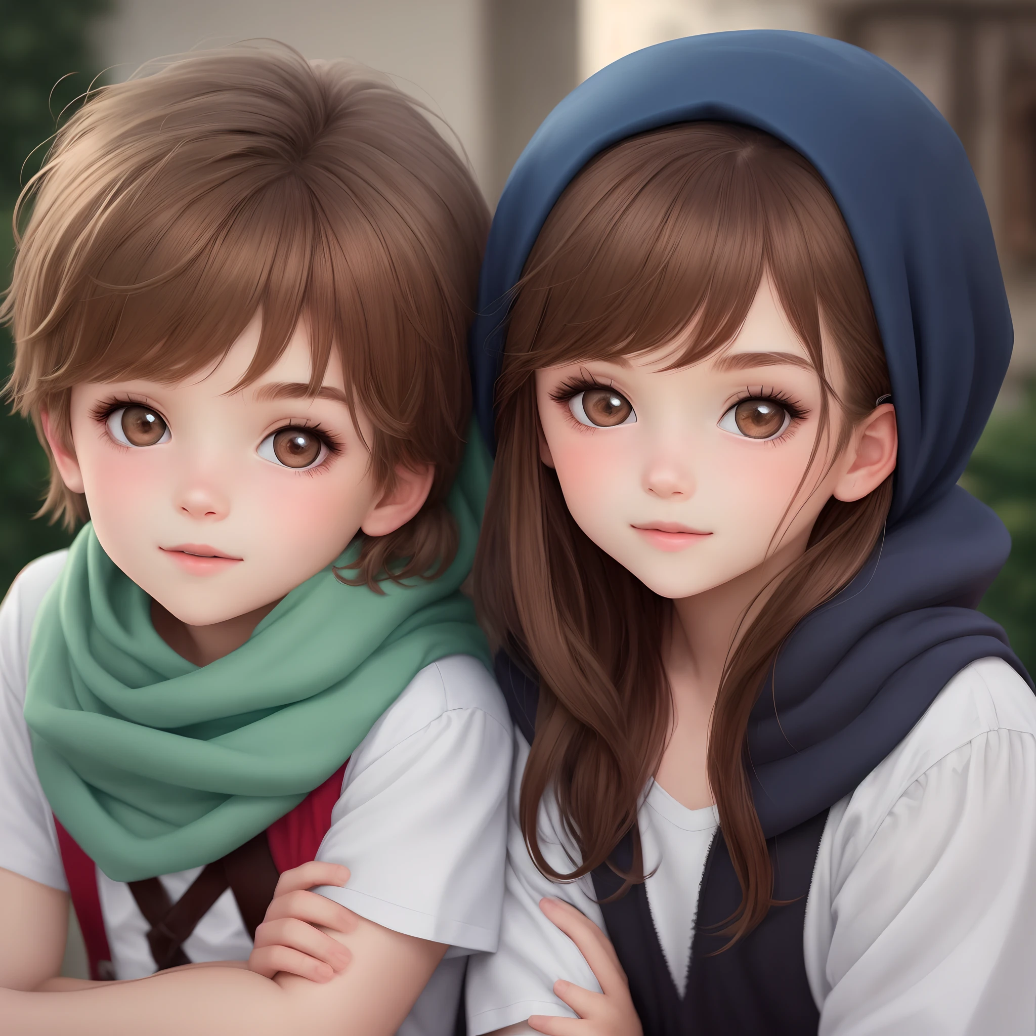 A girl with a headscarf and brown eyes and a boy with brown hair and brown eyes. Beide im Alter von 10 Jahren sitzen im Unterricht gemeinsam und lernen in 2D