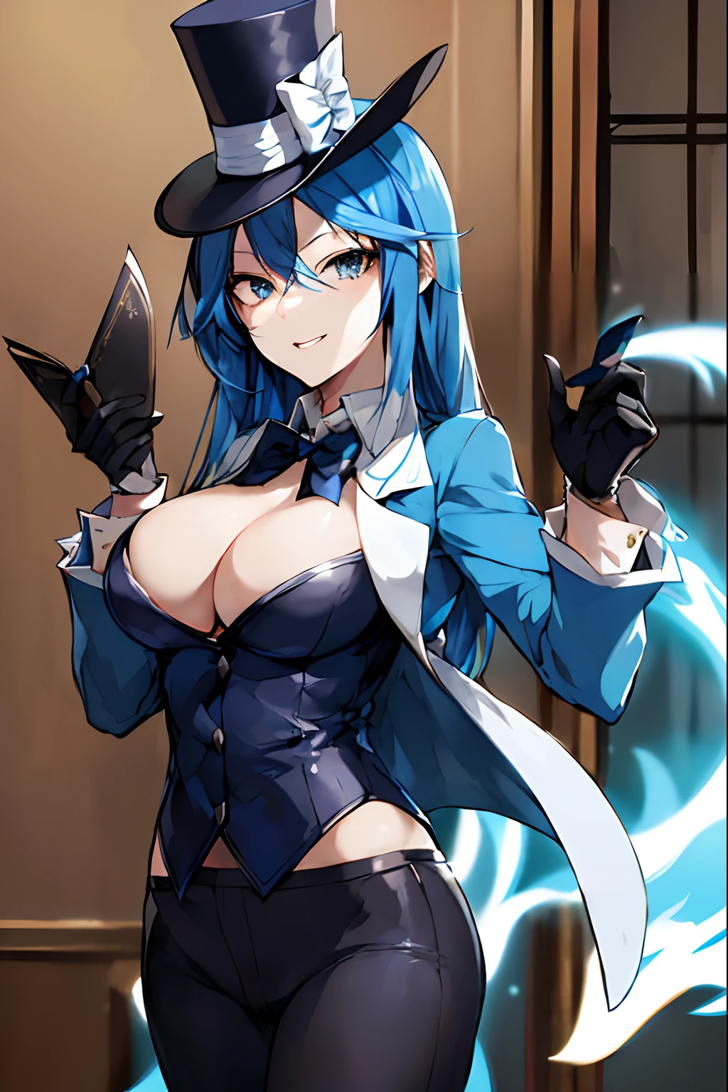 (blue-haired anime character, top hat, holding a letter, top-rated on Pixiv, seductive anime girl, magician outfit, magic top hat, 4k)