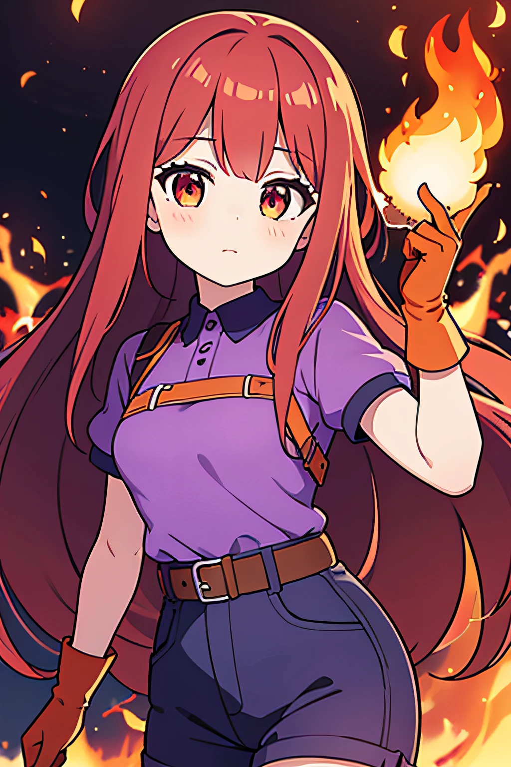 best quality, masterpiece, solo, 1girl, purple shirt, purple shorts, red long hair, orange eyes, orange skin, red gloves, fire