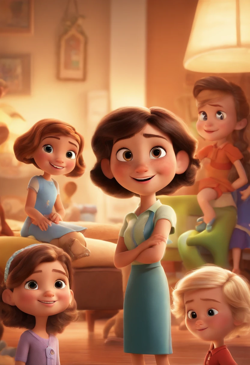 A Disney Pixar-inspired movie poster with a white woman with short straight hair, brown eyes, a 3-year-old white child with blonde hair and brown eyes, and a 4-year-old brunette girl with long straight brown hair. The scene should be in distinct digital art style of pixar, with a focus on character expressions, vibrant colors and detailed texture that are characteristic of their animations