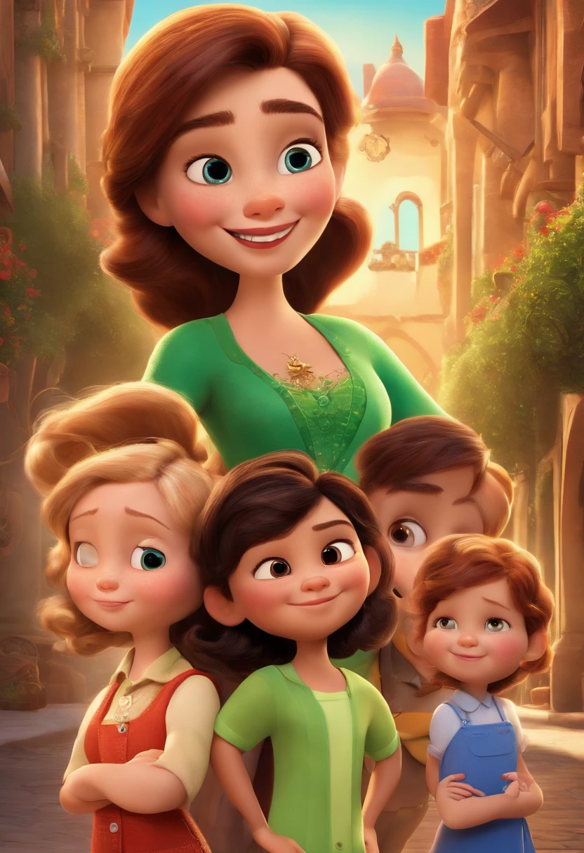 A Disney Pixar-inspired movie poster with a white woman with short straight hair, brown eyes, a 3--old te child wlonde hair and brown eyes, and a 4-year-old brue girith long straight brown hair. The scene should be in distinct digital art style of pixar, with a focus on character expressions, vibrant colors and detailed texture that are characteristic of their animations