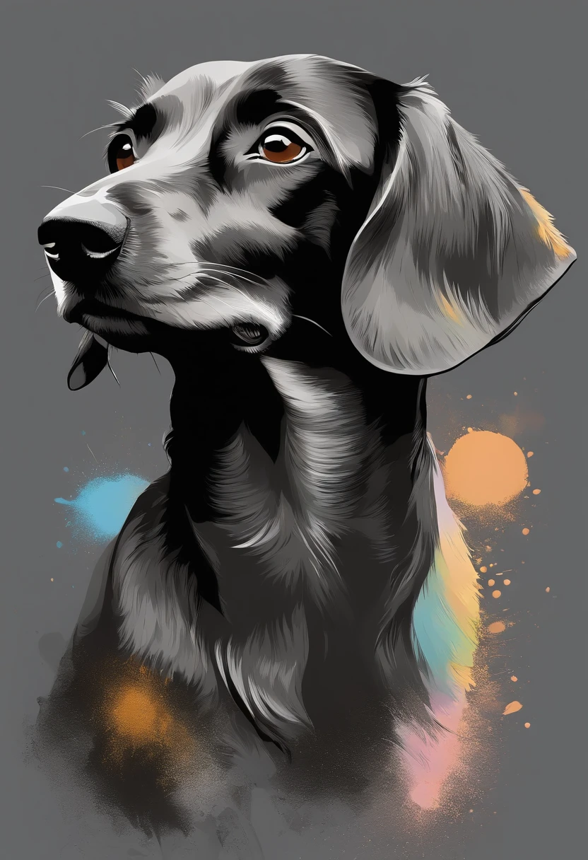 vector art illustration of an chocolat daschund dog, sharp design, monochrome grey color, dark magic splash, tetradic pastel colors, vector 3d Studio Ghibli, Watercolor--v 5.2