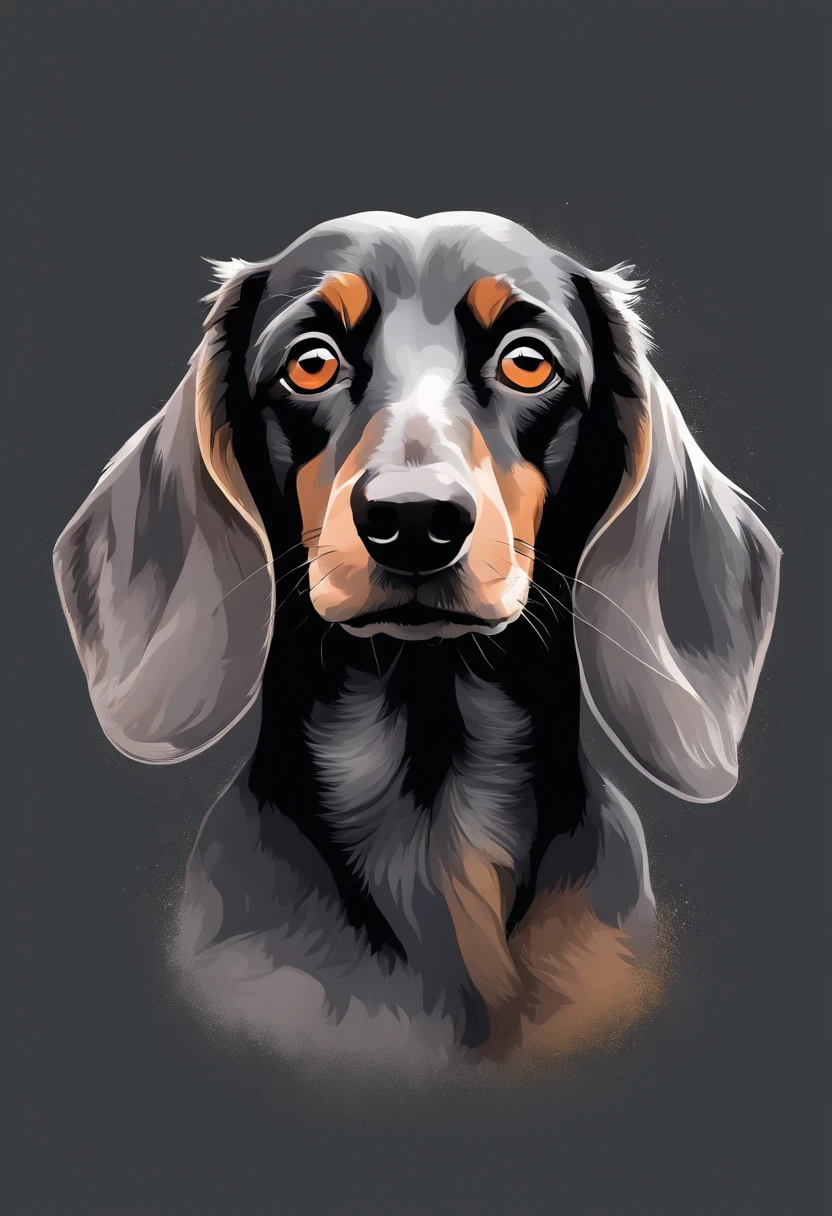 vector art illustration of an chocolat daschund dog, sharp design, monochrome grey color, dark magic splash, tetradic pastel colors, vector 3d Studio Ghibli, Watercolor--v 5.2