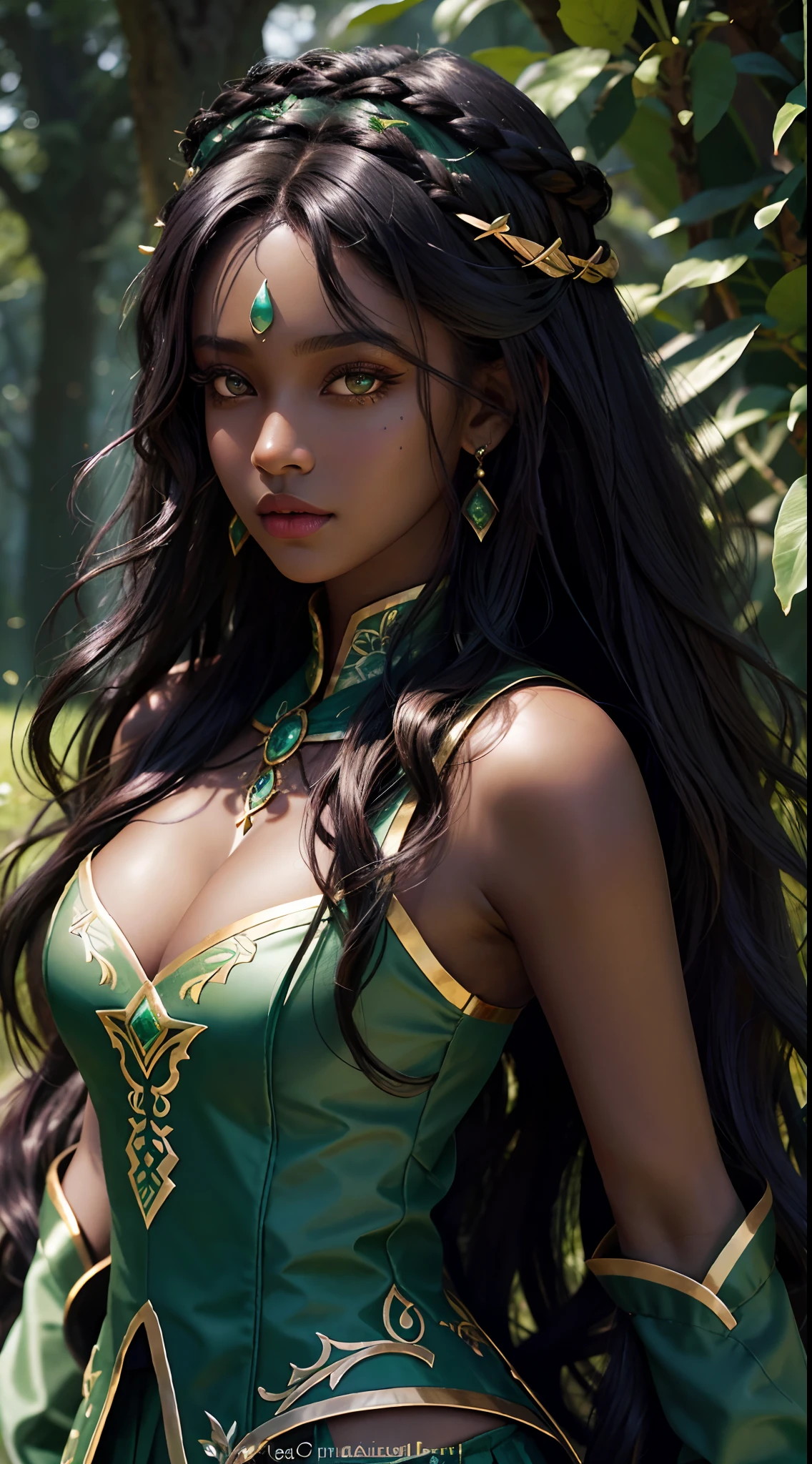 Closeup photo portrait of beautiful ebony ager_woman as druid, dark makeup,long wavy hair, big perfect green eyes, big perfect lips,, epic character composition, frontal view, atmospheric scene, masterpiece, best quality, (detailed beautiful face, detail skin texture, ultra-detailed body:1.1), diffused lighting, full body, perfect body, beautiful figure, dancing pose