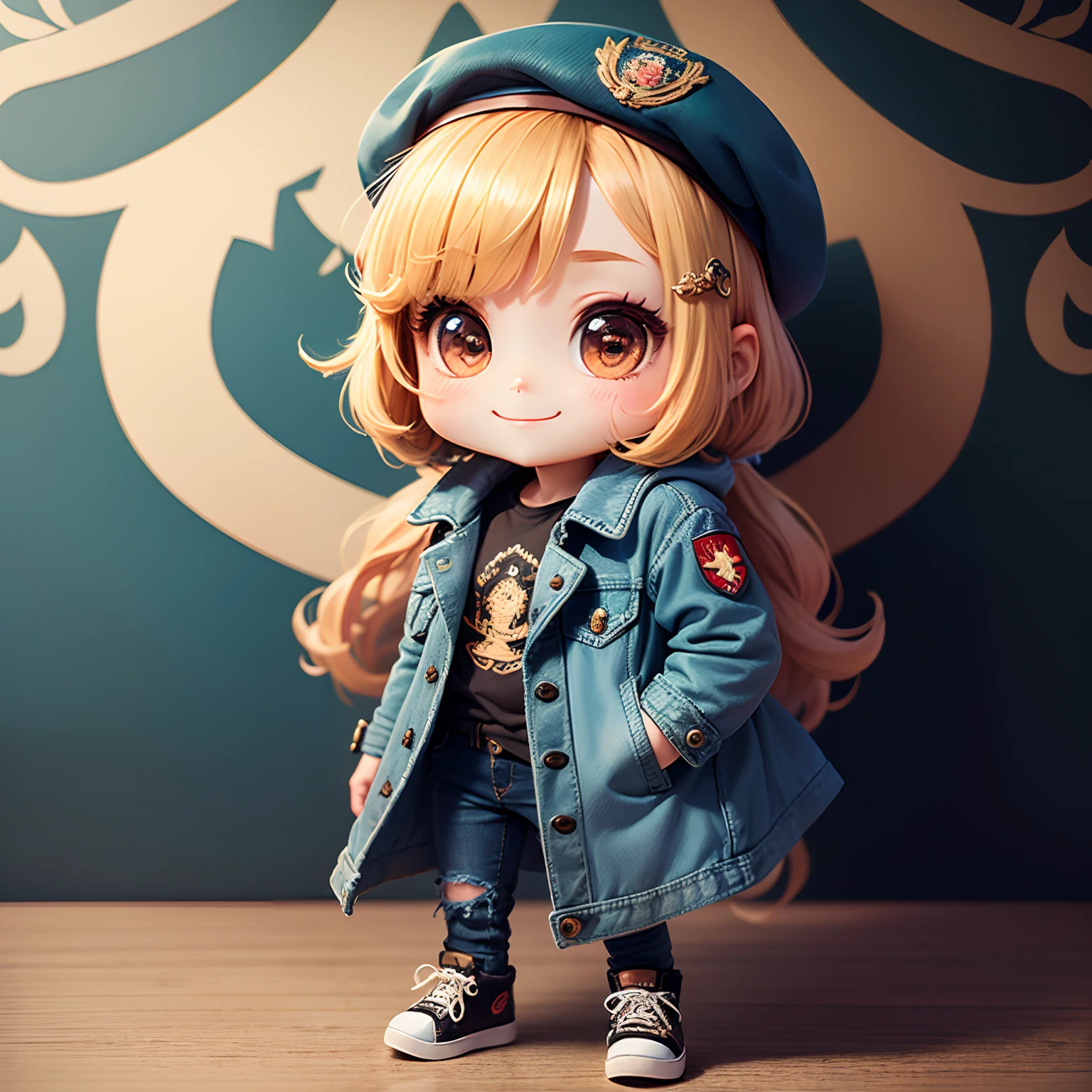 masterpiece、top-quality、ultra-detailliert、(Chibi Chara's Daughter:1.2)、Solo、White Bob、Denim Beret、Denim jacket(decoration、coat of arms、Emblem decoration:1.3)、damage jeans、Denim Shoes、Denim Shoulder Bag、Monet flower wallpaper on background、Standing、A smile、