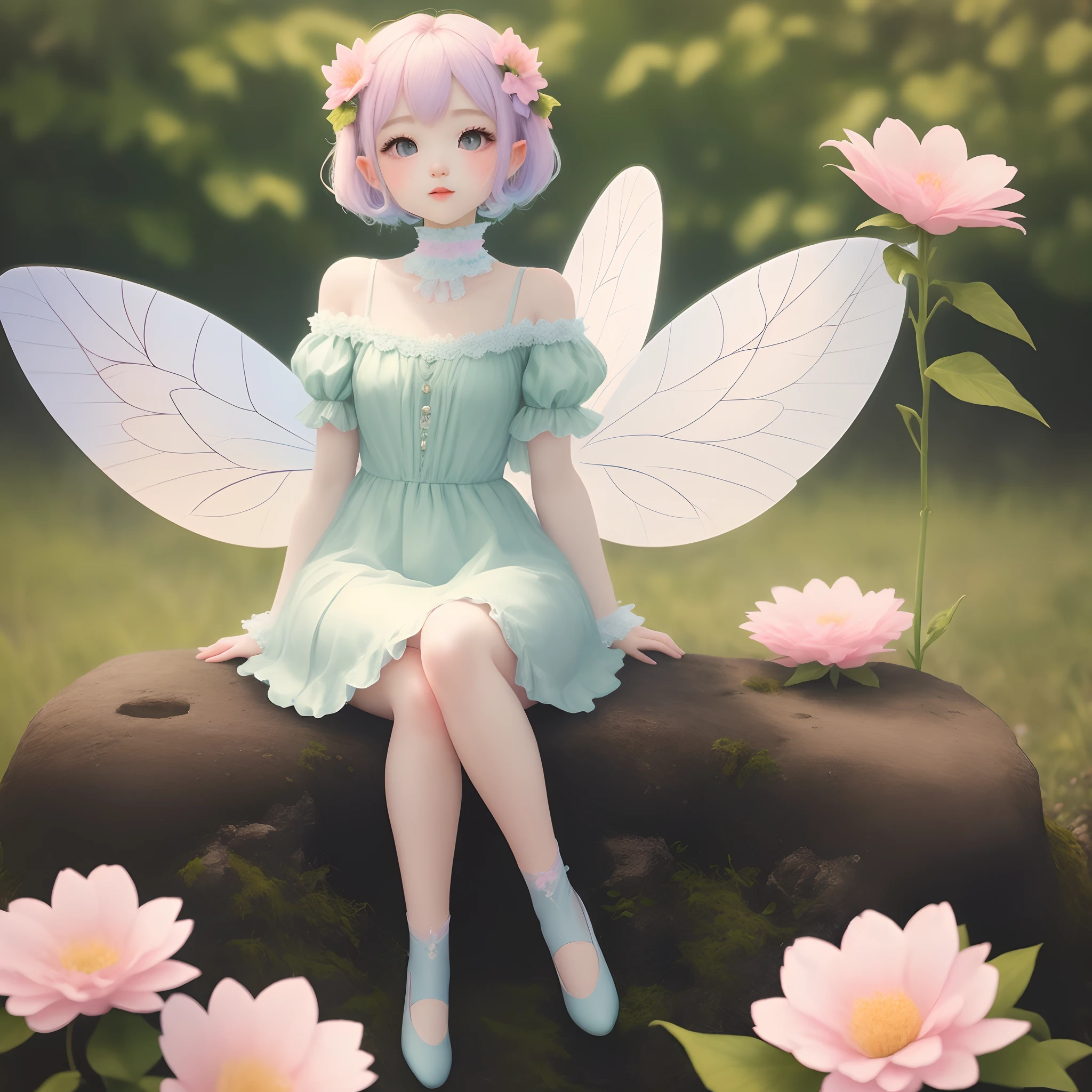 pastel cute aesthetic of a fairy sitting on a flower