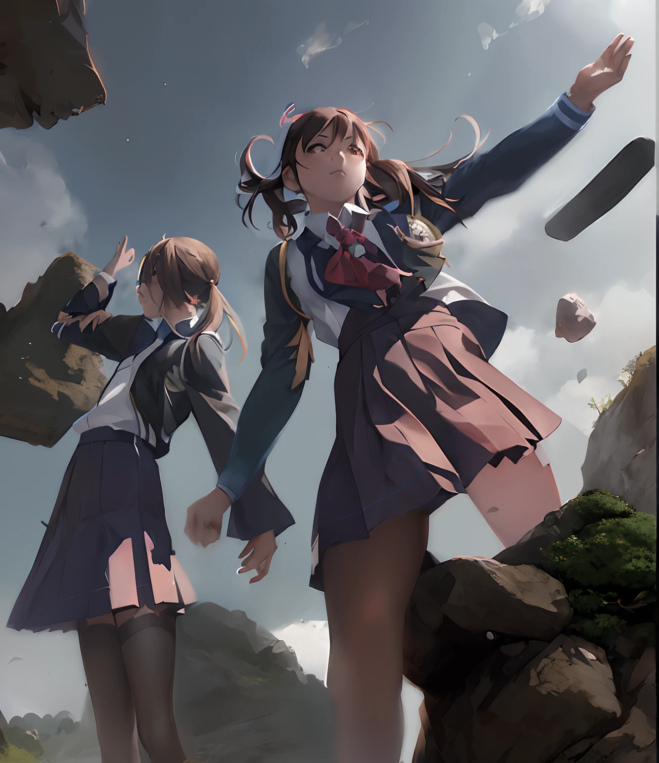 anime girl in school uniform throwing rocks in the air, artwork in the style of guweiz, smooth anime cg art, guweiz, anime realism style, guweiz and makoto shinkai, ross tran and makoto shinkai, makoto shinkai. digital render, in style of makoto shinkai, 2. 5 d cgi anime fantasy artwork