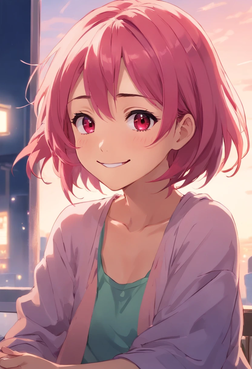 Anime girl smiling, pink hair, messy hair short hair, red eyes, cute face, sensual look, sit , looking at audience, sensual pose, J-cup