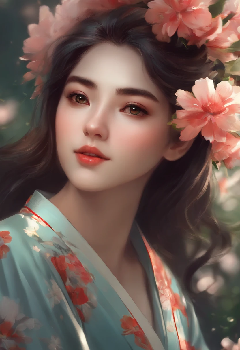 Woman in a kimono with flowers on her head, bela arte digital, Beautiful digital illustration, pintura digital bonita, lindo pintura digital, Arte no estilo de Guweiz, photorealistic anime girl rendering, arte cg anime suave, bela arte digital, Grande arte digital com detalhes, stunning digital illustration, arte de anime digital detalhada, render de abril, retrato bonito do anime