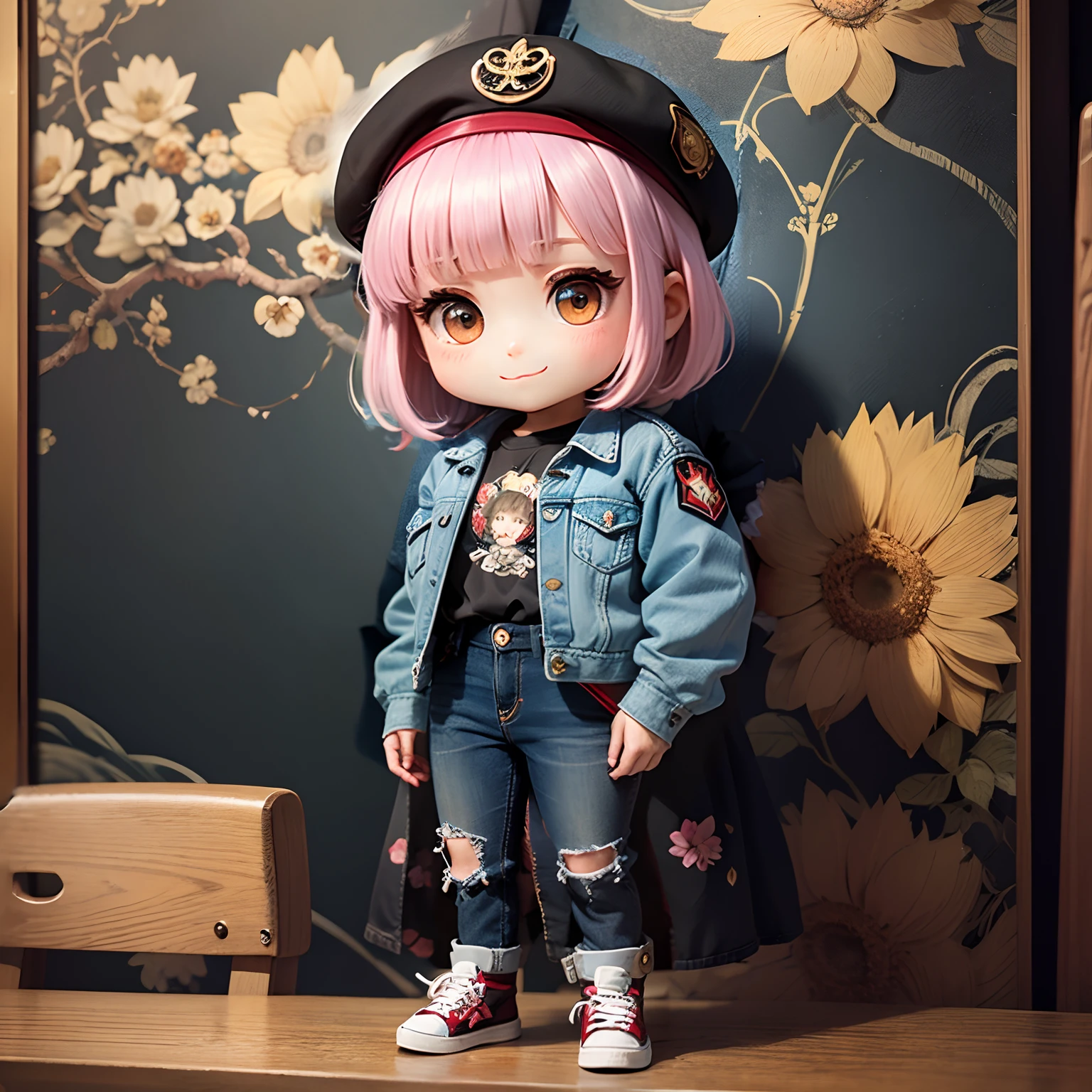masterpiece、top-quality、ultra-detailliert、(Chibi Chara's Daughter:1.2)、White Bob、Denim beret、Denim jacket(decoration、Wappen、emblem decoration:1.3)、damage jeans、Denim shoes、Denim shoulder bag、Monet's flower wallpaper for the background、Standing、a smile、