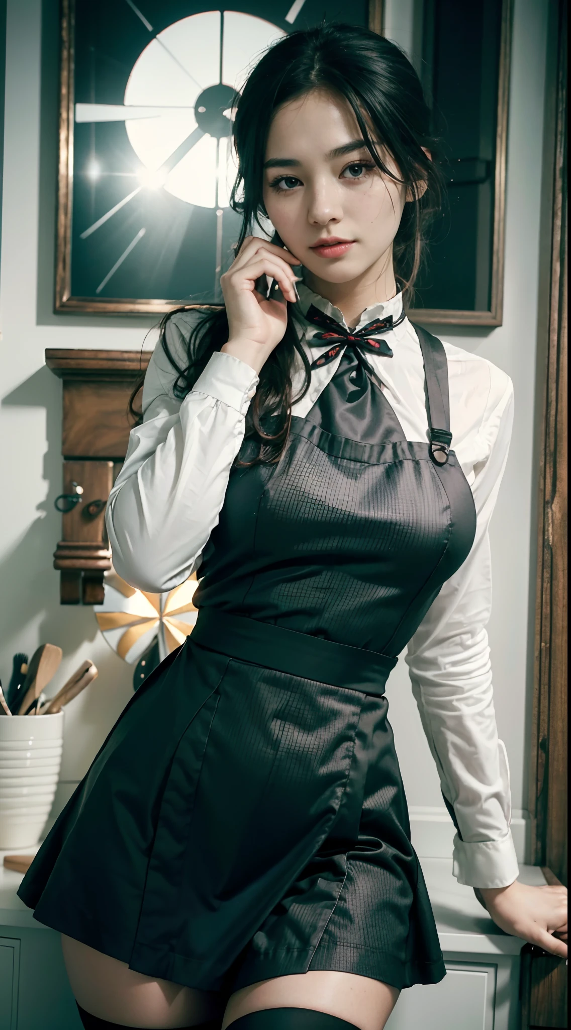 19 years old, gorgeous cute  Korean girl, grin, freckles, (hyper-realistic), (illustration), (high resolution), (8K), (extremely detailed), (best illustration), Yoru ( Chainsaw Man ), (beautiful detailed eyes), (best quality), (ultra-detailed), (masterpiece), (wallpaper), (detailed face), solo, upper body, focus on face, 1 girl, long black hair, Korean, thin eyeshadow, well-detailed eyes, brown eyes, small moles under the eyes, long sleeve shirt, neck bow,  small breasts, pinafore dress, dynamic pose, low lighting, night, dark, clouds, dark night,her belly button is exposed, good young girl, (masterpiece:1.0),(best_quality:1.0), ultra high res,4K,ultra-detailed, photography, 8K, HDR, highres, absurdres:1.2, Kodak portra 400, blurry background, lens flare, (vibrant_color:1.2),professional photograph, (Beautiful), (beautiful_face:1.5),(narrow_waist),