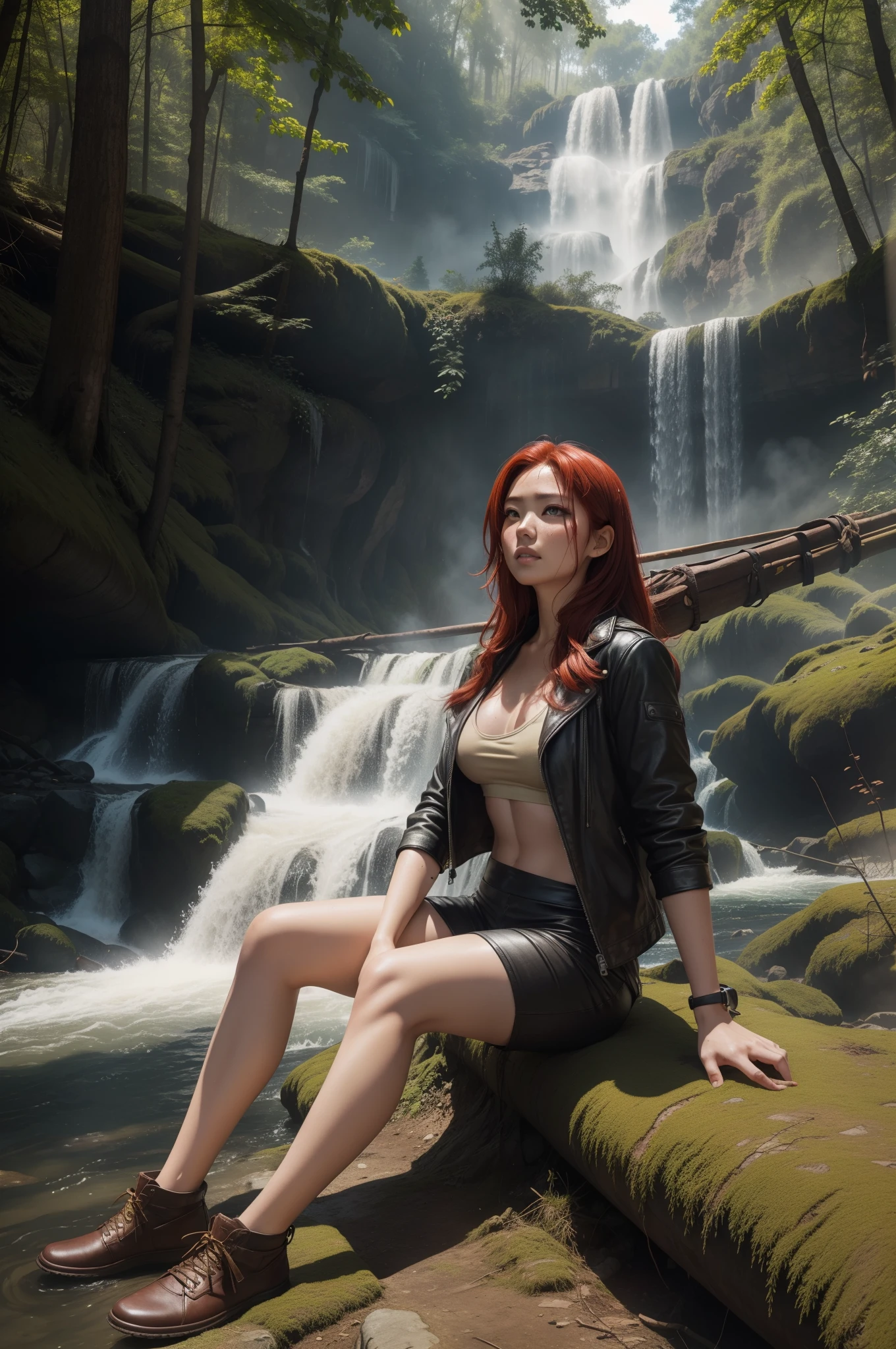 Forest background, Prone posture, Dusty, Bright sunshine, Yarn, waterfall, river, Sticky sweat, Sweaty, Hezin clothes, Leather, Half-clothed, Leather clothes, Big, red hairs, Golden eyes.