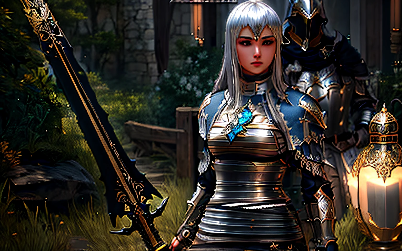 Female Arafed in armor with a sword and a sword in a field, armadura branca brilhante, Armadura refletida cor de fogo preta, Armadura refletida da cor do gelo da lasca, <Cena MMORPGS, elegante armadura branca brilhante, blade and soul, com armadura prateada elegante, Estilo Lineage 2 Revolution, armadura banhada branca, elegante lisa armadura branca banhada, estilo final fantasy 14