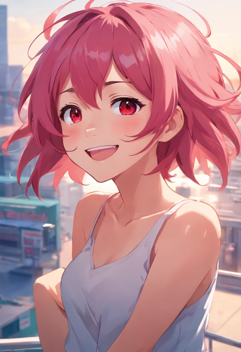 Anime girl smiling, pink hair, messy hair short hair, red eyes, sensual look , looking at audience, sensual pose, J-cup